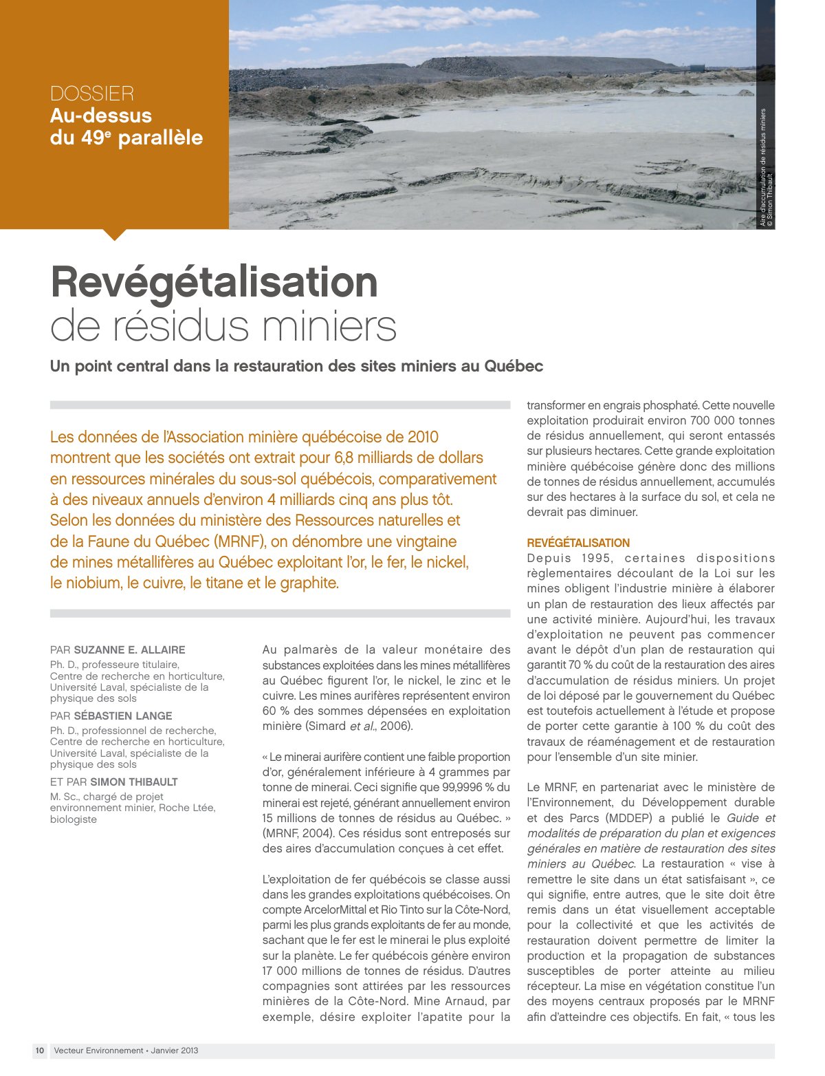 First page of Revégétalisation de résidus miniers