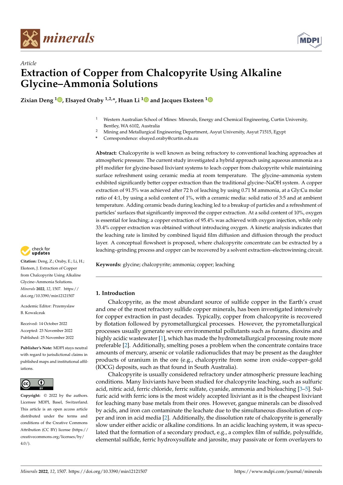 First page of Extraction of Copper from Chalcopyrite Using Alkaline Glycine–Ammonia Solutions