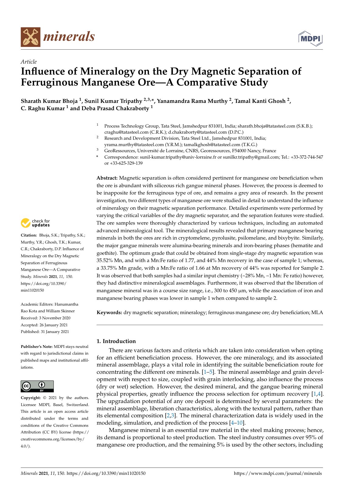 First page of Inﬂuence of Mineralogy on the Dry Magnetic Separation of Ferruginous Manganese Ore—A Comparative Study