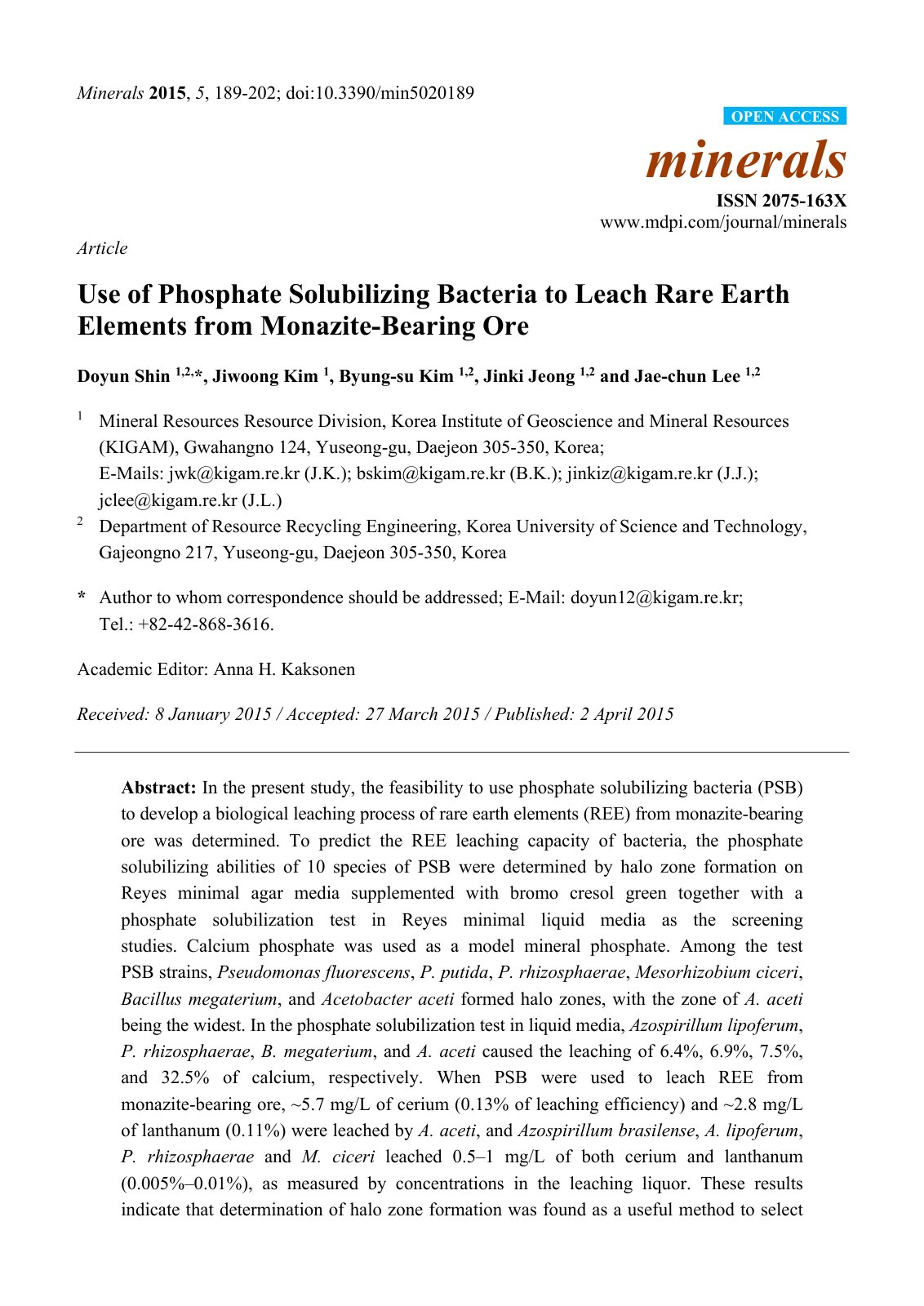 First page of Use of Phosphate Solubilizing Bacteria to Leach Rare Earth Elements from Monazite-Bearing Ore