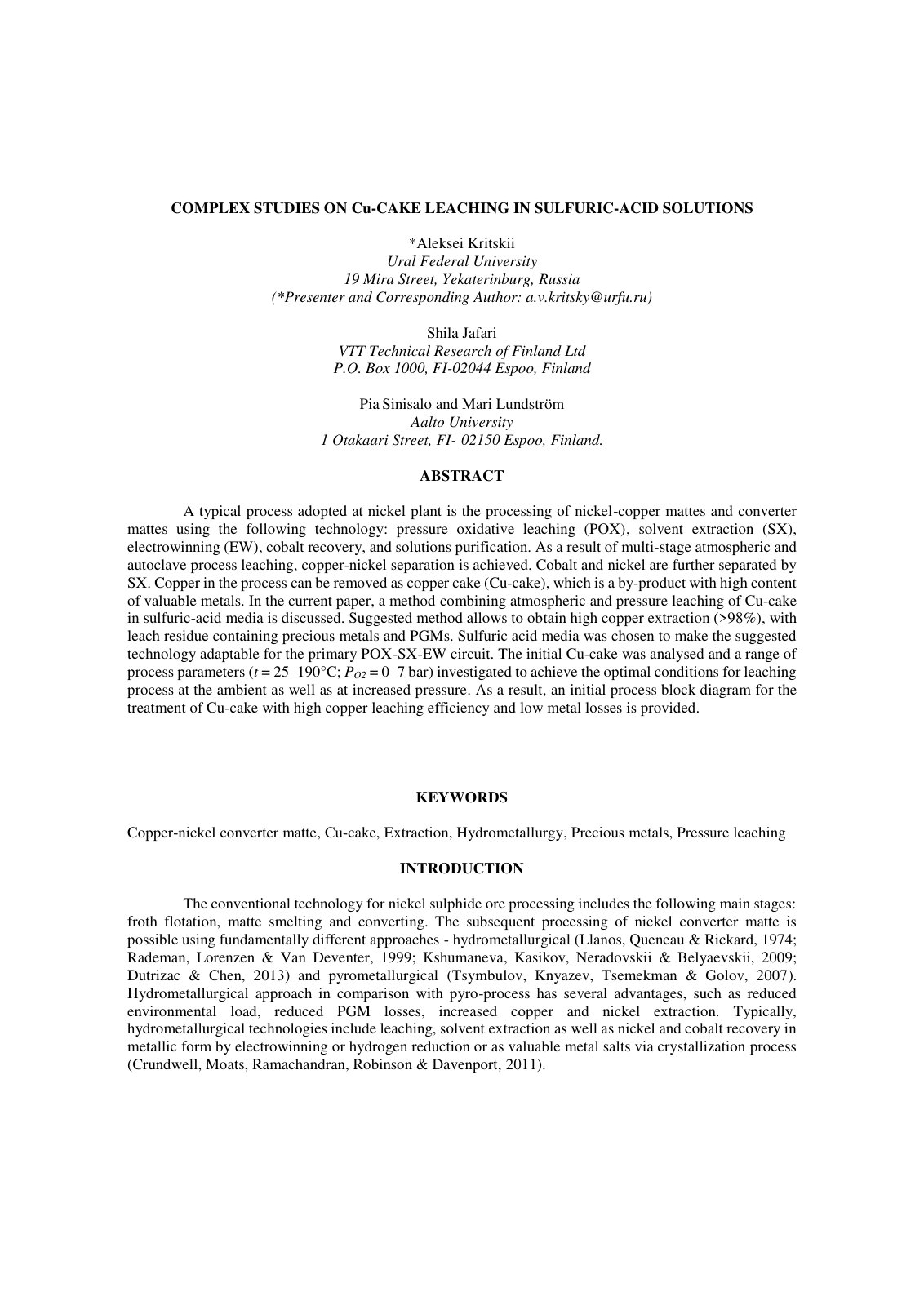 First page of Complex Studies on Cu-Cake Leaching in Sulfuric-Acid Solutions