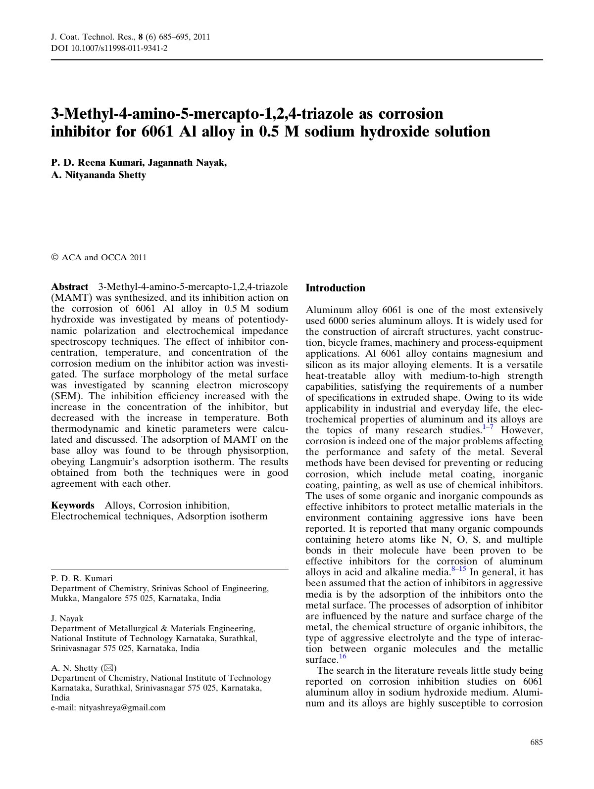 First page of 3-Methyl-4-amino-5-mercapto-1,2,4-triazole as corrosion inhibitor for 6061 Al alloy in 0.5 M sodium hydroxide solution