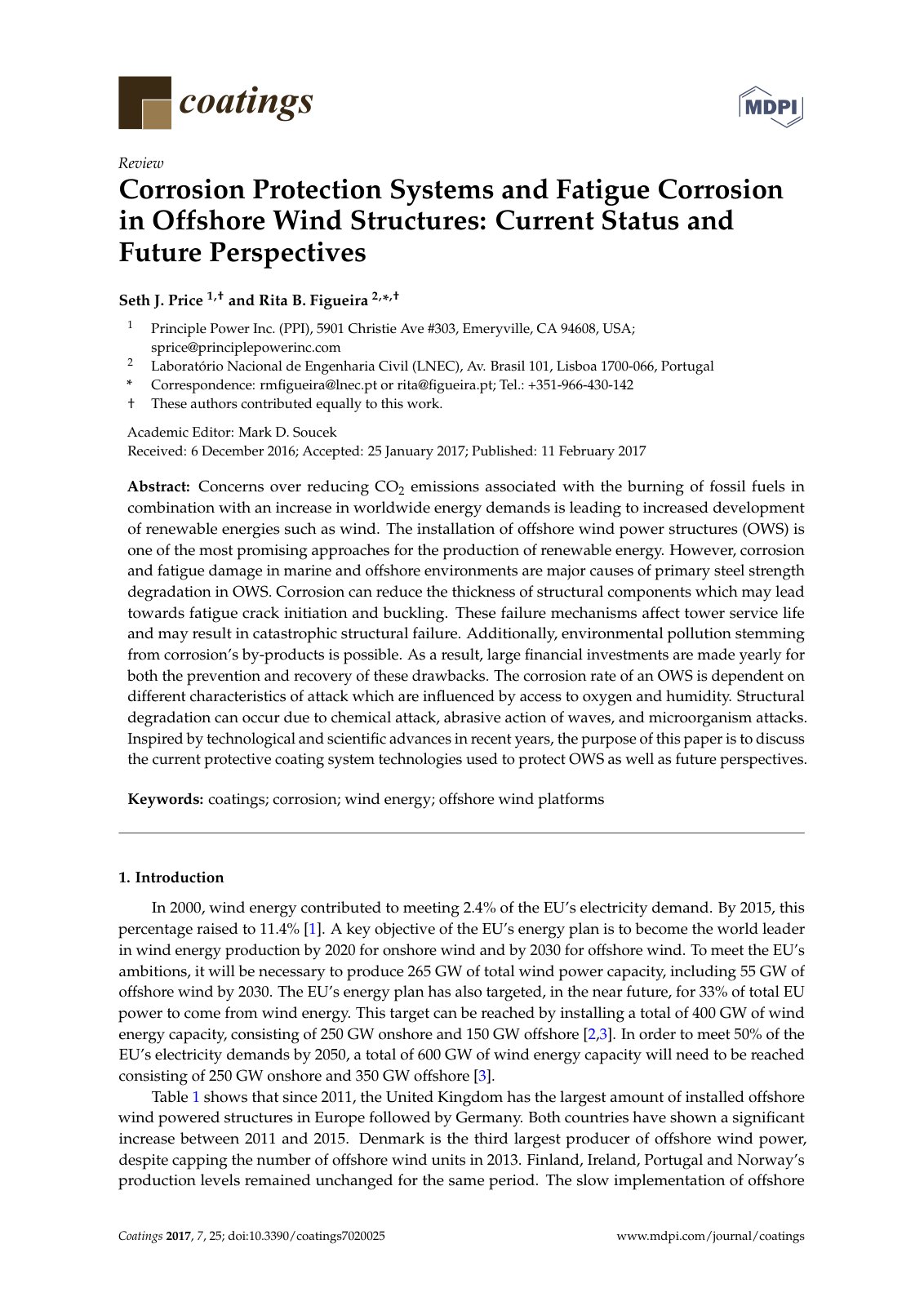 First page of Corrosion Protection Systems and Fatigue Corrosion in Offshore Wind Structures: Current Status and Future Perspectives