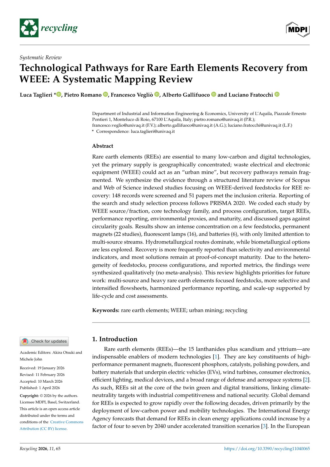 First page of Technological Pathways for Rare Earth Elements Recovery from WEEE: A Systematic Mapping Review
