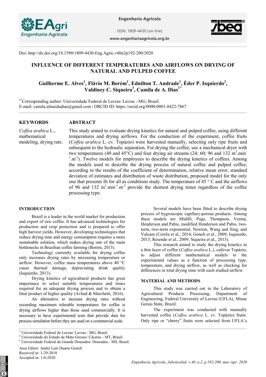 First page of Influence of different temperatures and airflows on drying of natural and pulped coffee