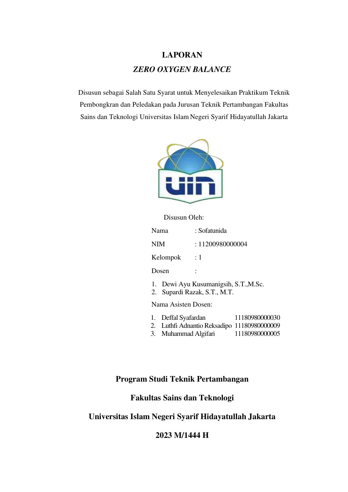 First page of Laporan Praktikum Peledakan Zero Oxygen