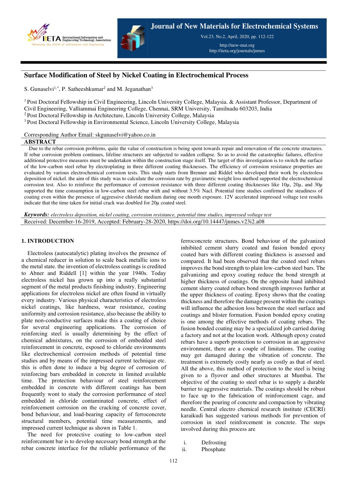 First page of Surface Modification of Steel by Nickel Coating in Electrochemical Process