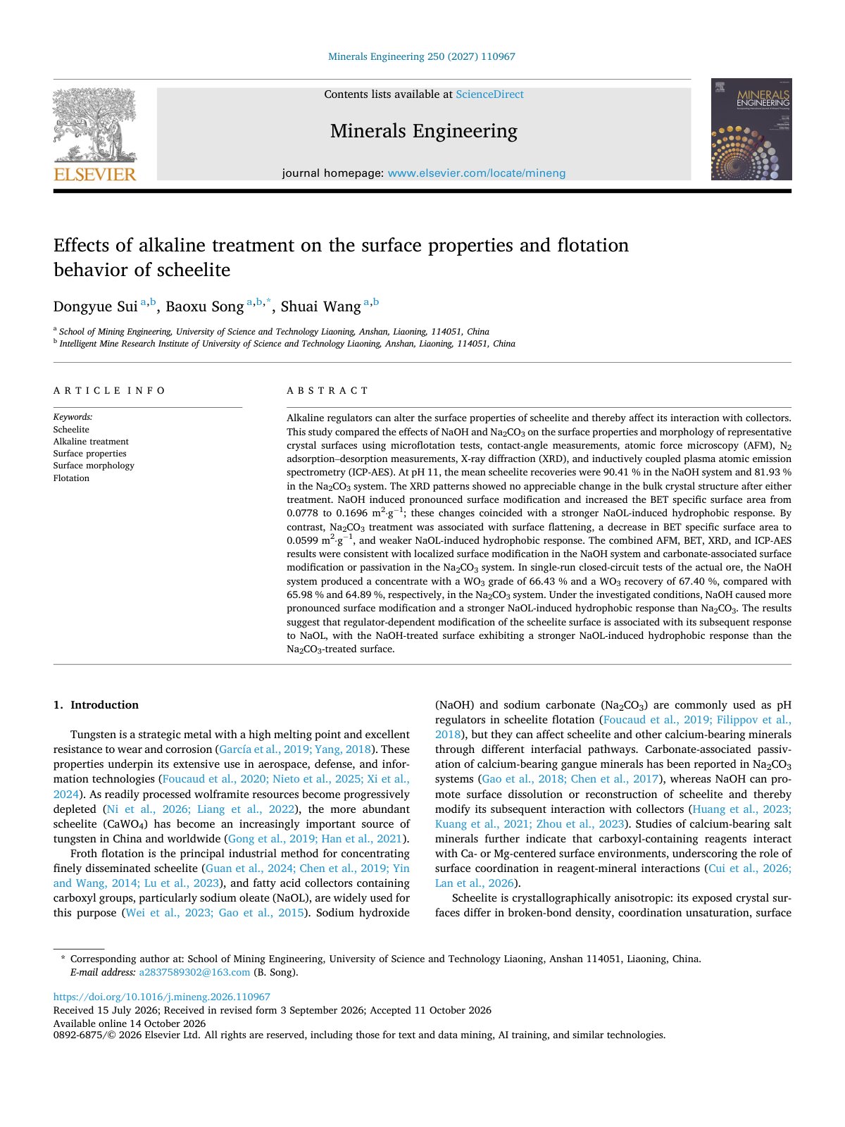 First page of Effects of alkaline treatment on the surface properties an 2027 Minerals Eng