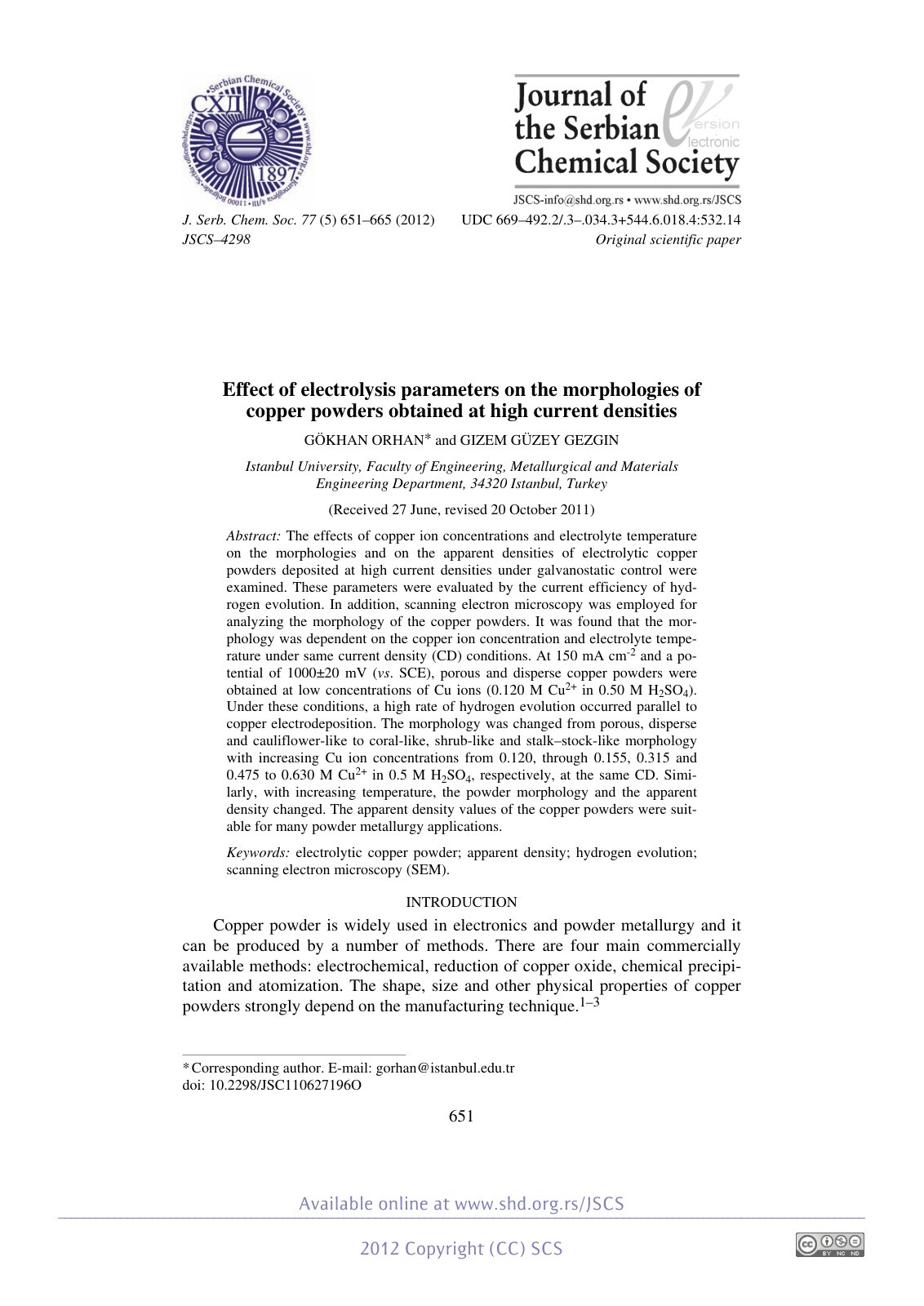 First page of Effect of electrolysis parameters on the morphologies of copper powders obtained at high current densities