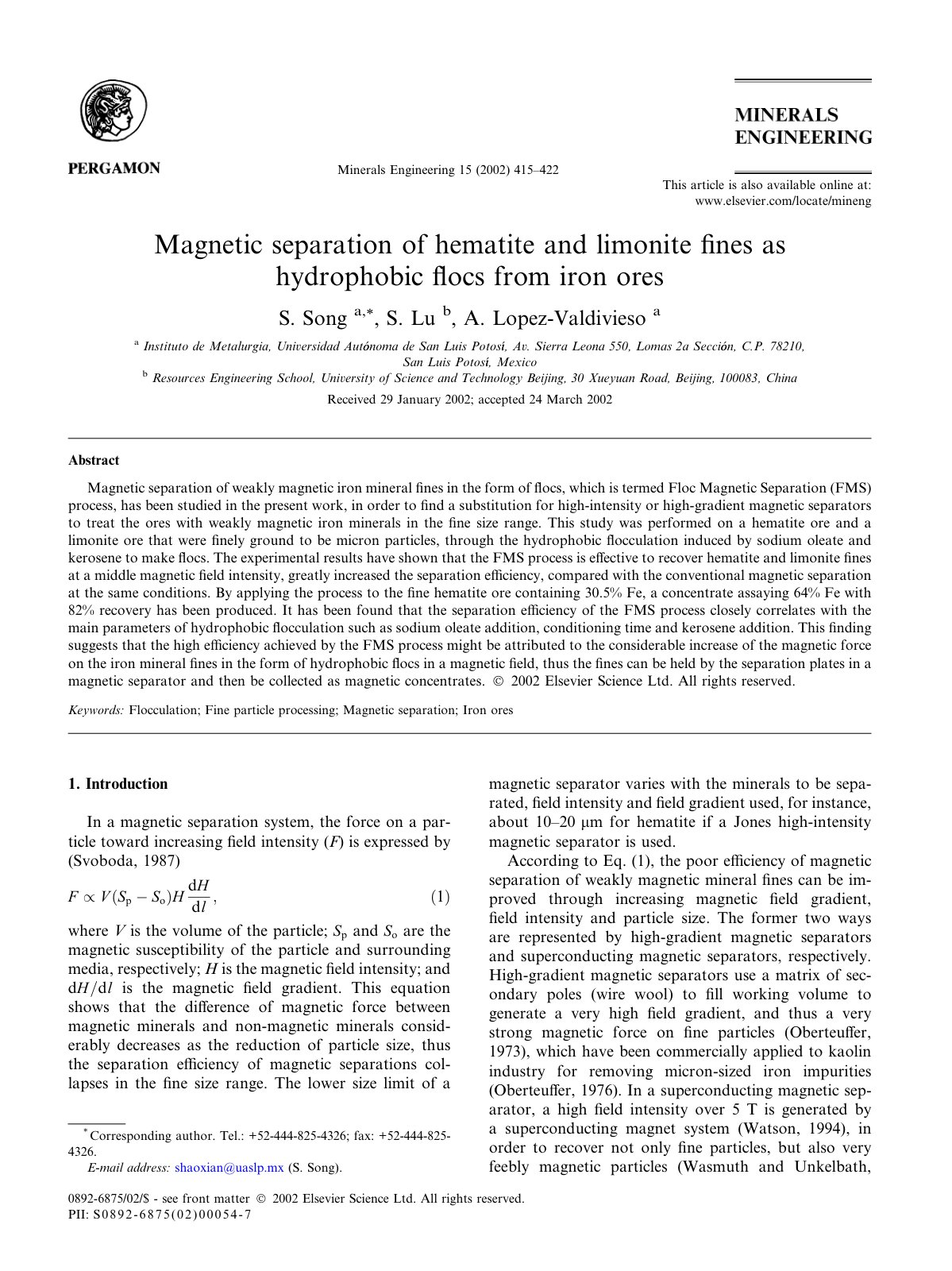 First page of Magnetic separation of hematite and limonite ﬁnes as hydrophobic ﬂocs from iron ores