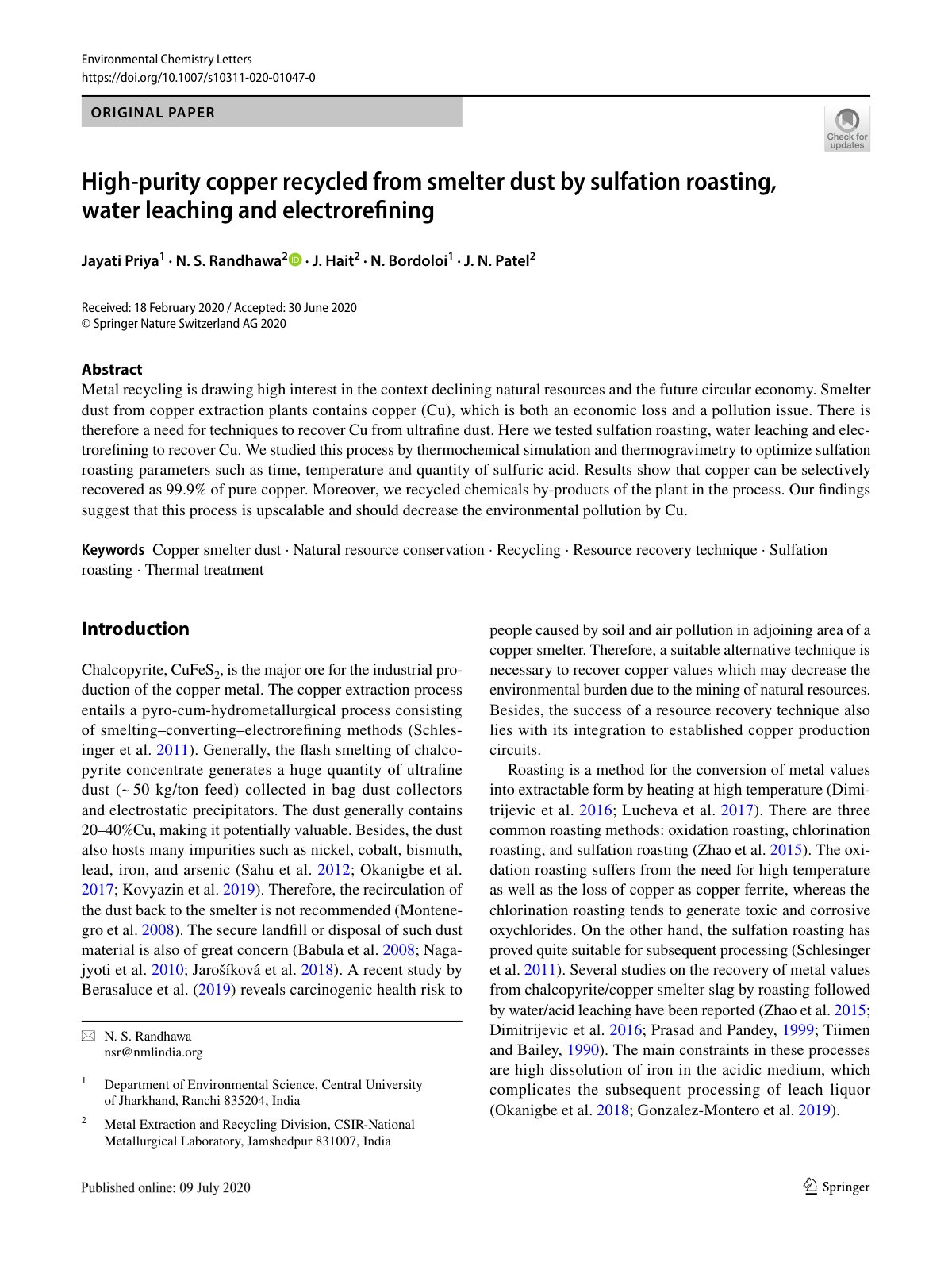 First page of High‑purity copper recycled from smelter dust by sulfation roasting, water leaching and electrorefining