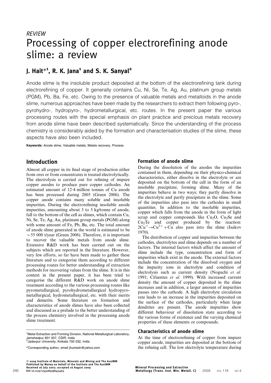 First page of Processing of copper electrorefining ano