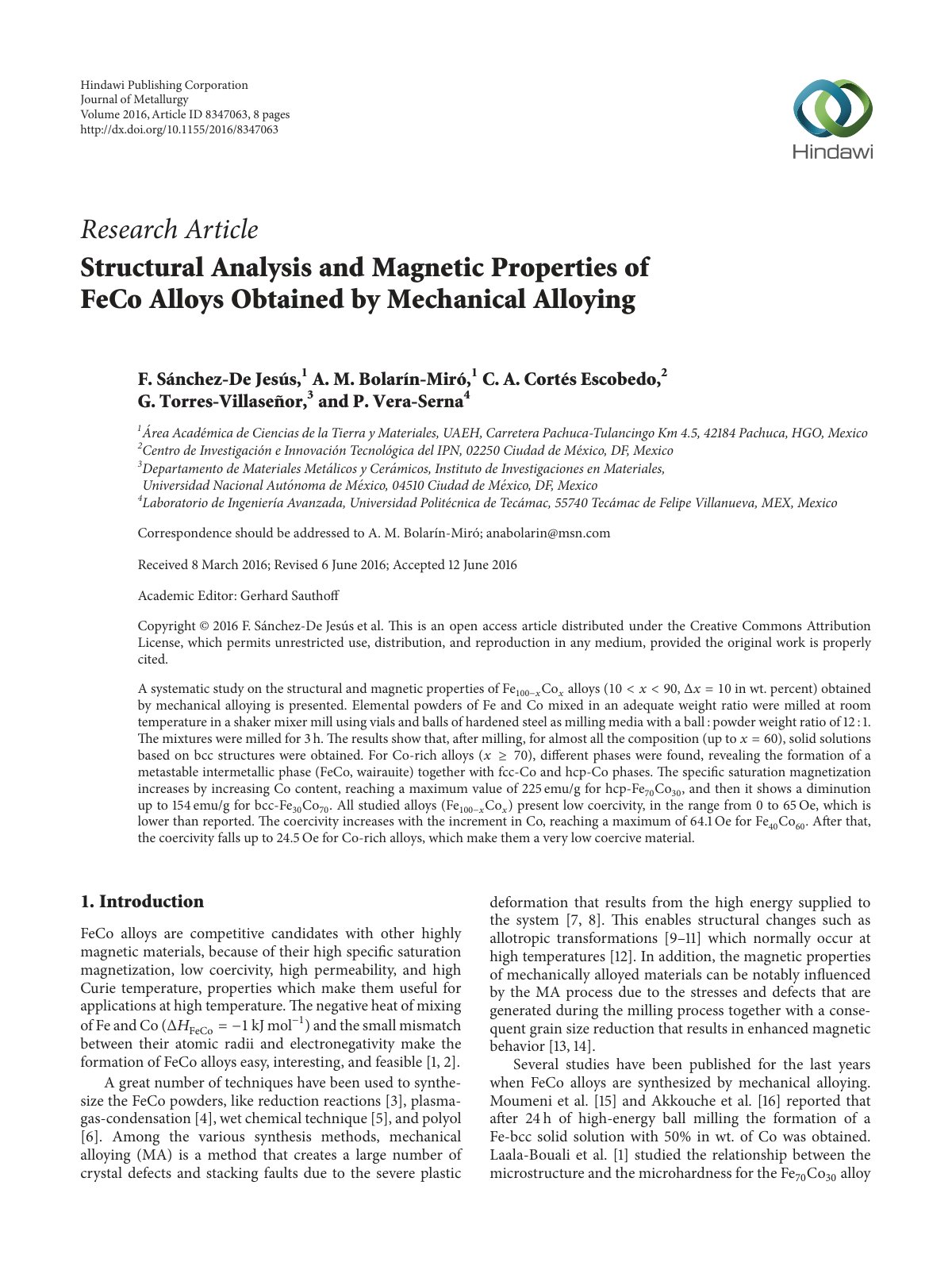 First page of Structural Analysis and Magnetic Properties of FeCo Alloys Obtained by Mechanical Alloying