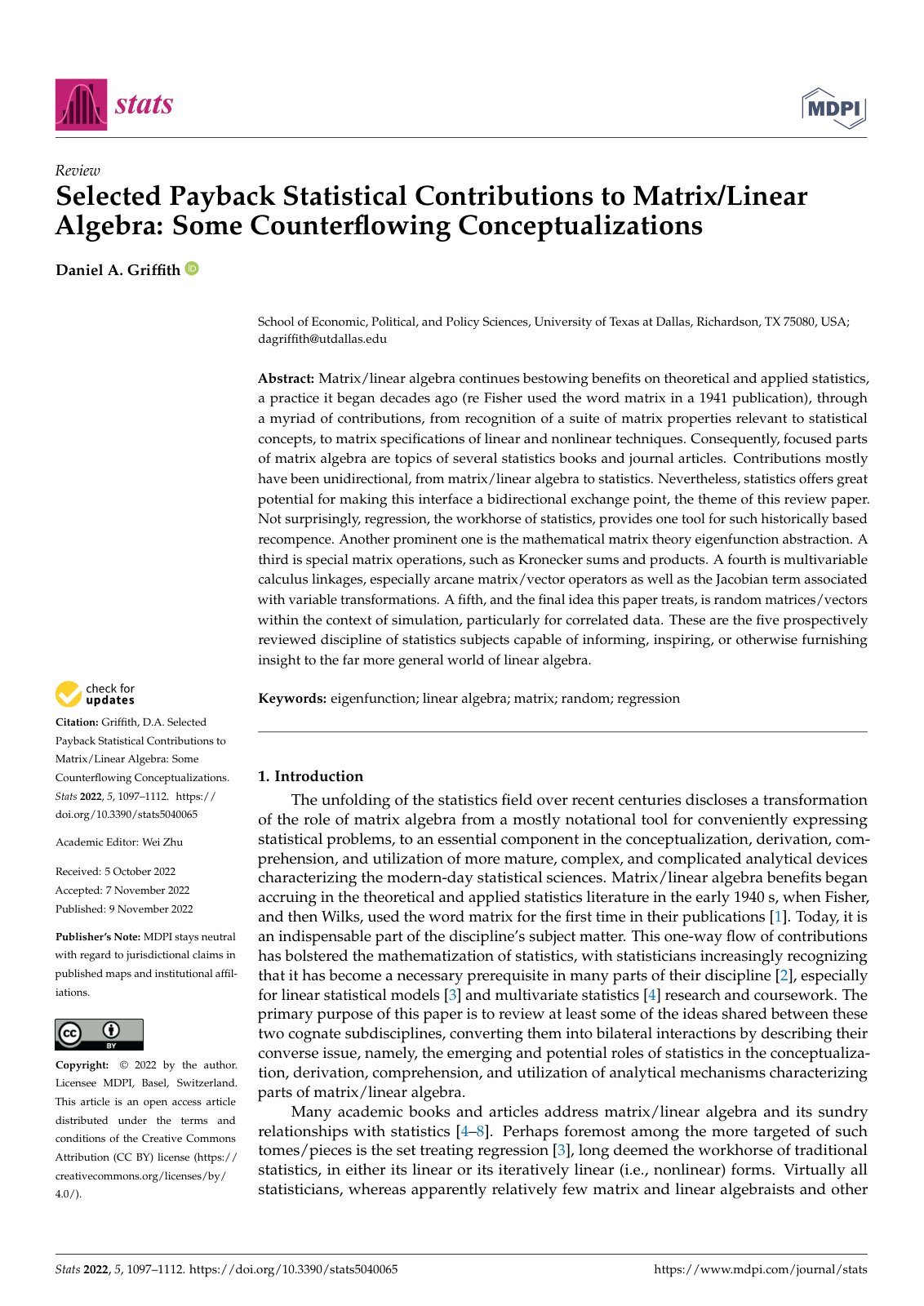 First page of Selected Payback Statistical Contributions to Matrix/Linear Algebra: Some Counterflowing Conceptualizations