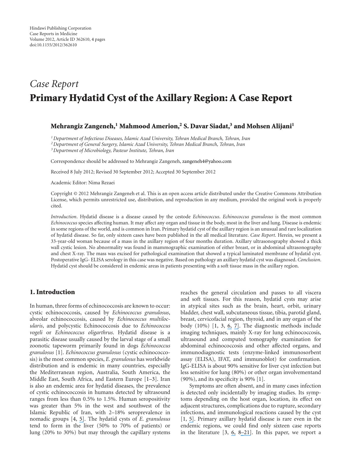 First page of Primary Hydatid Cyst of the Axillary Region: A Case Report
