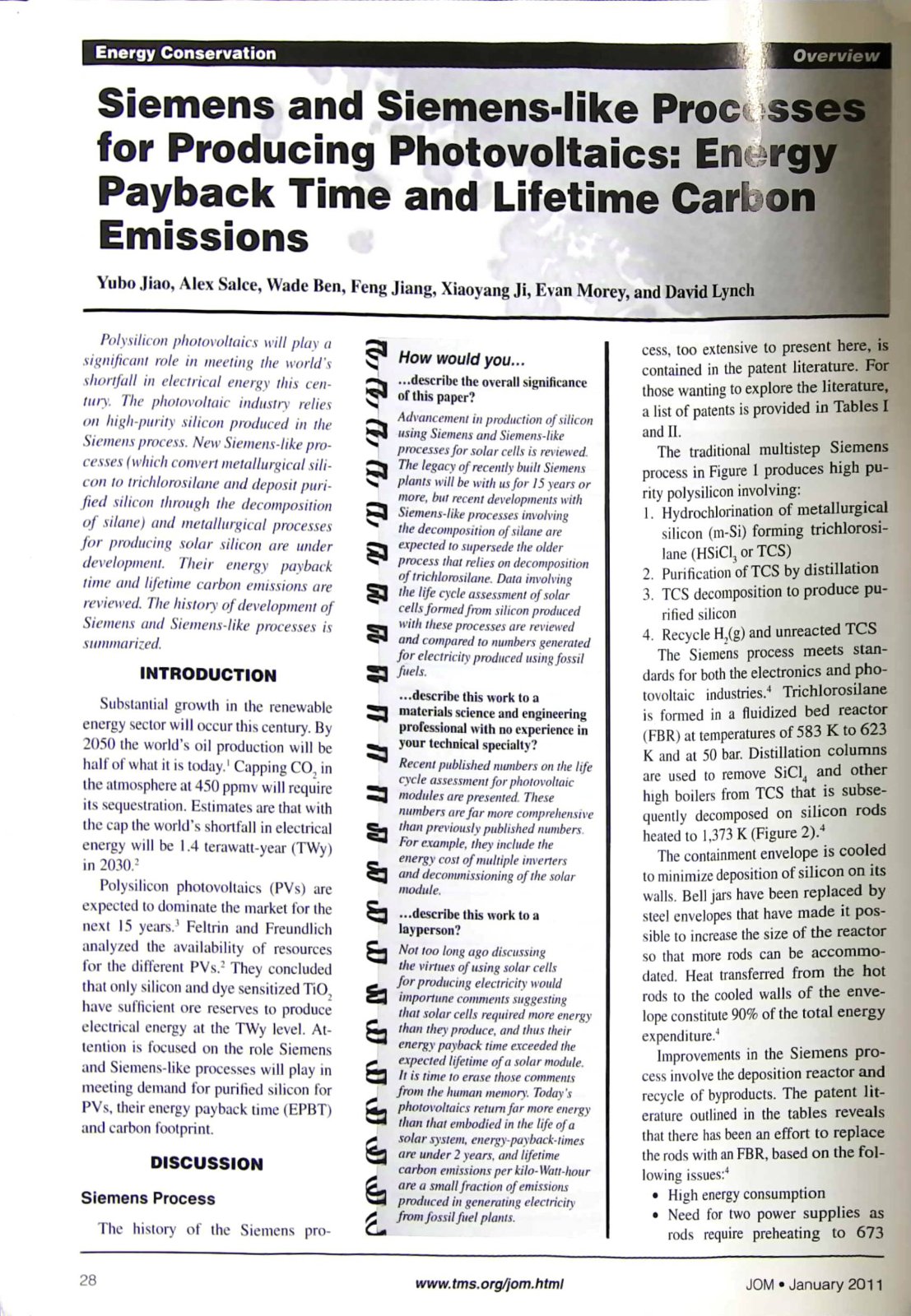 First page of Siemens and Siemens-like Processes for Producing Photovoltaics: Energy Payback Time and Lifetime Carbon Emissions