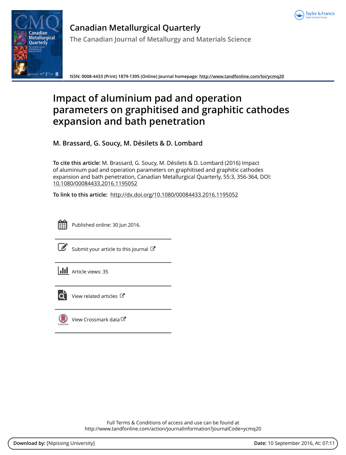 First page of Impact of aluminium pad and operation parameters on graphitised and graphitic cathodes expansion and bath penetration