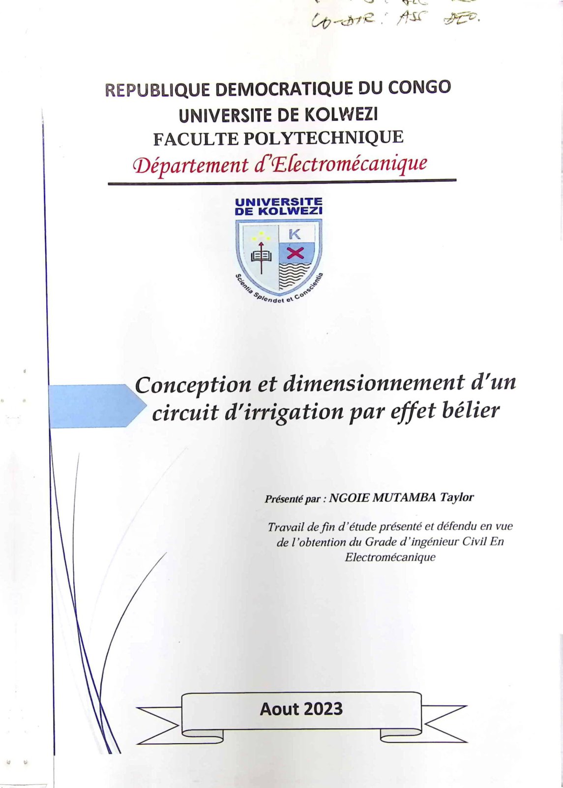 First page of Conception et dimensionnement d'un circuit d'irrigation par effet belier