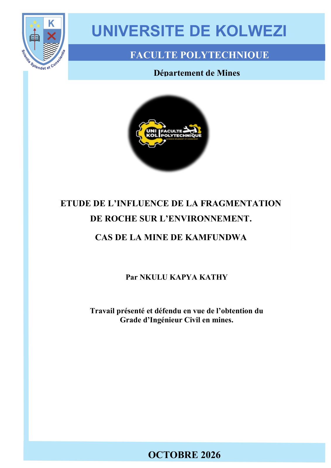 First page of MEMOIRE NKULU KAPYA KATHY 013633