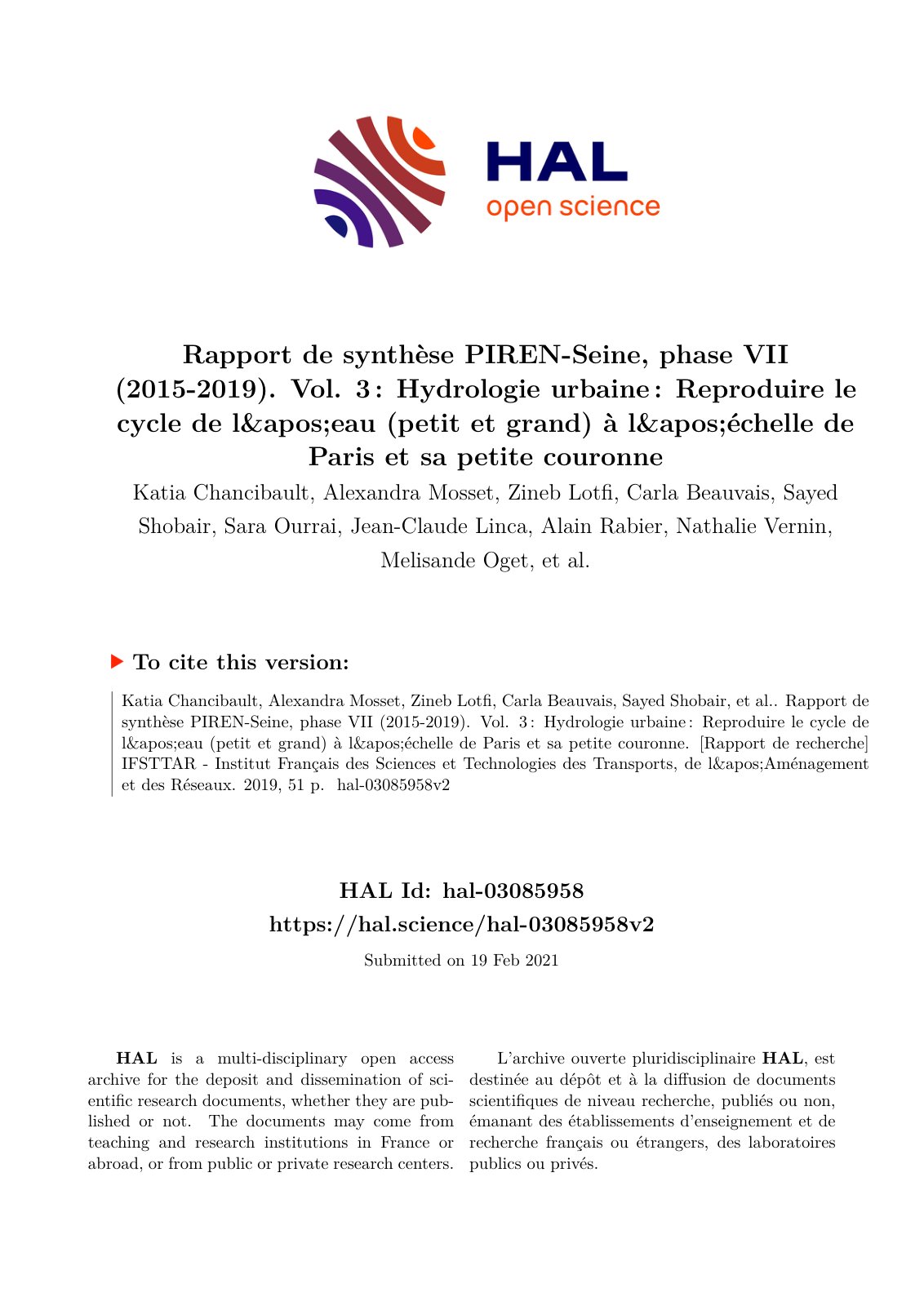 First page of Rapport de synthèse PIREN-Seine, phase VII (2015-2019). Vol. 3 : Hydrologie urbaine : Reproduire le cycle de l'eau (petit et grand) à l'échelle de Paris et sa petite couronne
