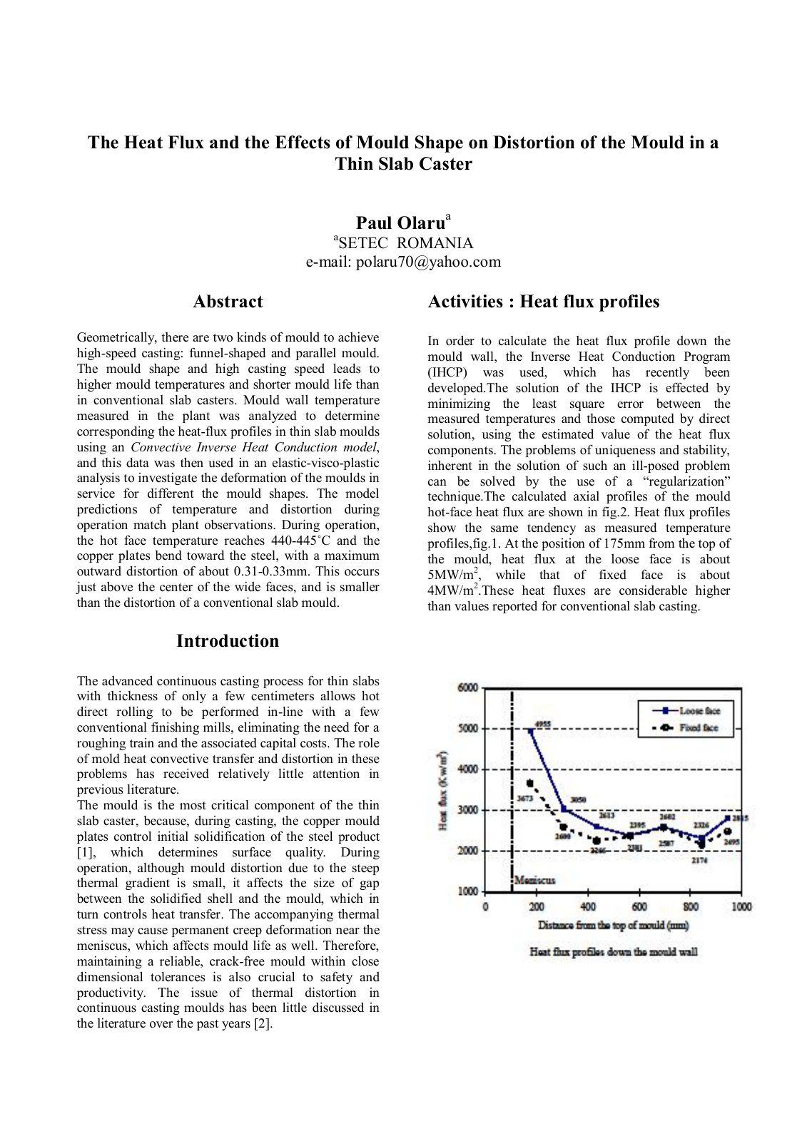 First page of The Heat Flux and the Effects of Mould Shape on Distortion of the Mould in a Thin Slab Caster