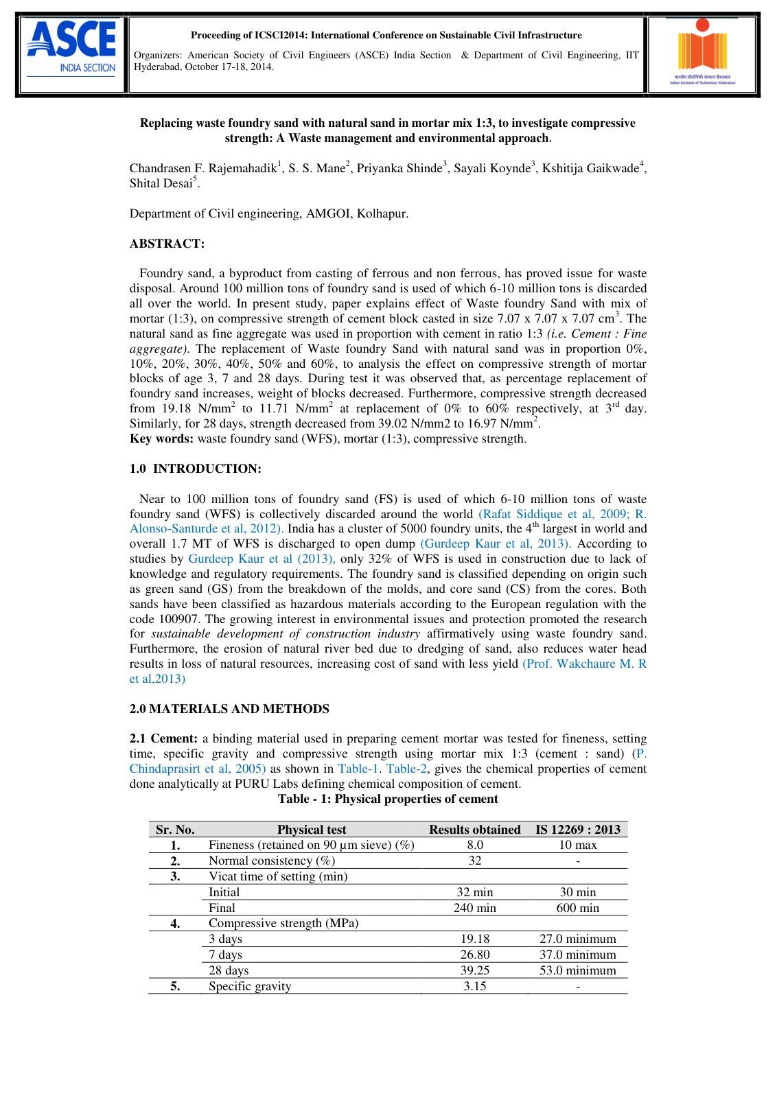 First page of Replacing waste foundry sand with natural sand in mortar mix 1:3, to investigate compressive strength: A Waste management and environmental approach