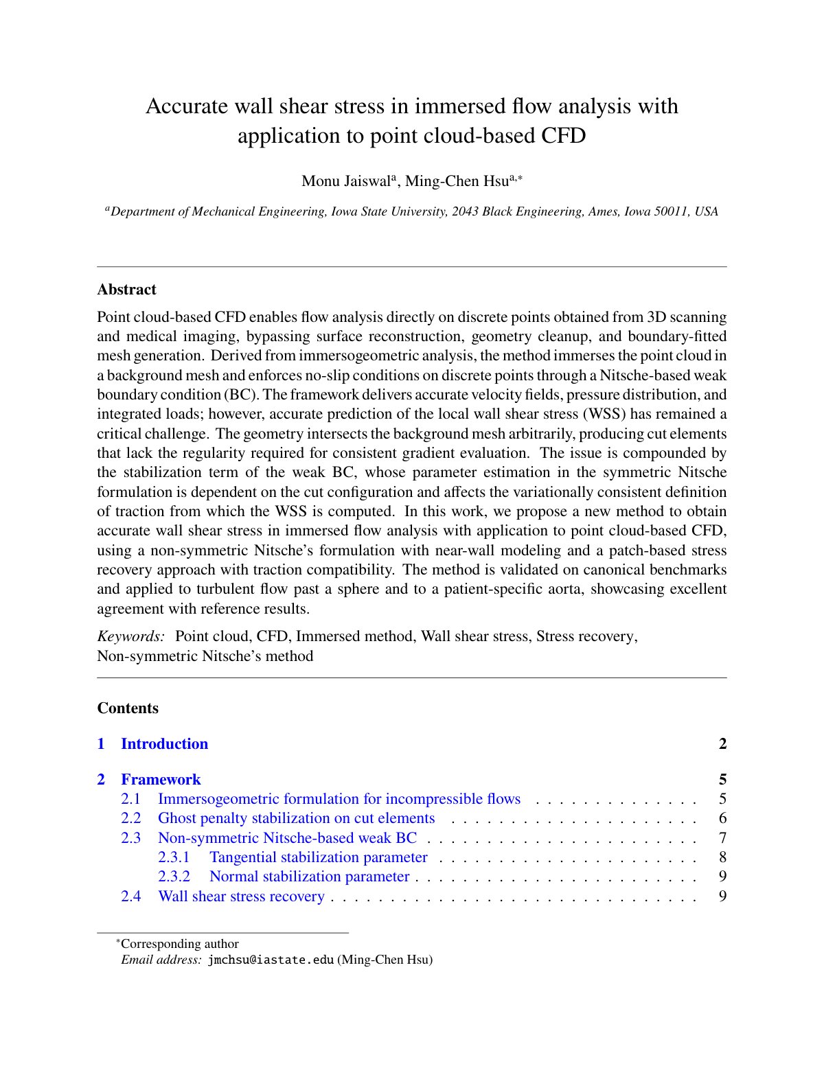 First page of Accurate wall shear stress in immersed flow analysis with application to point cloud-based CFD