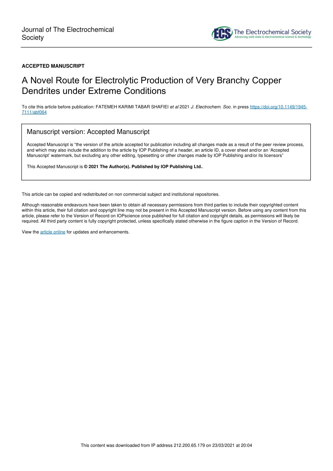 First page of A Novel Route for Electrolytic Production of Very Branchy Copper Dendrites under Extreme Conditions