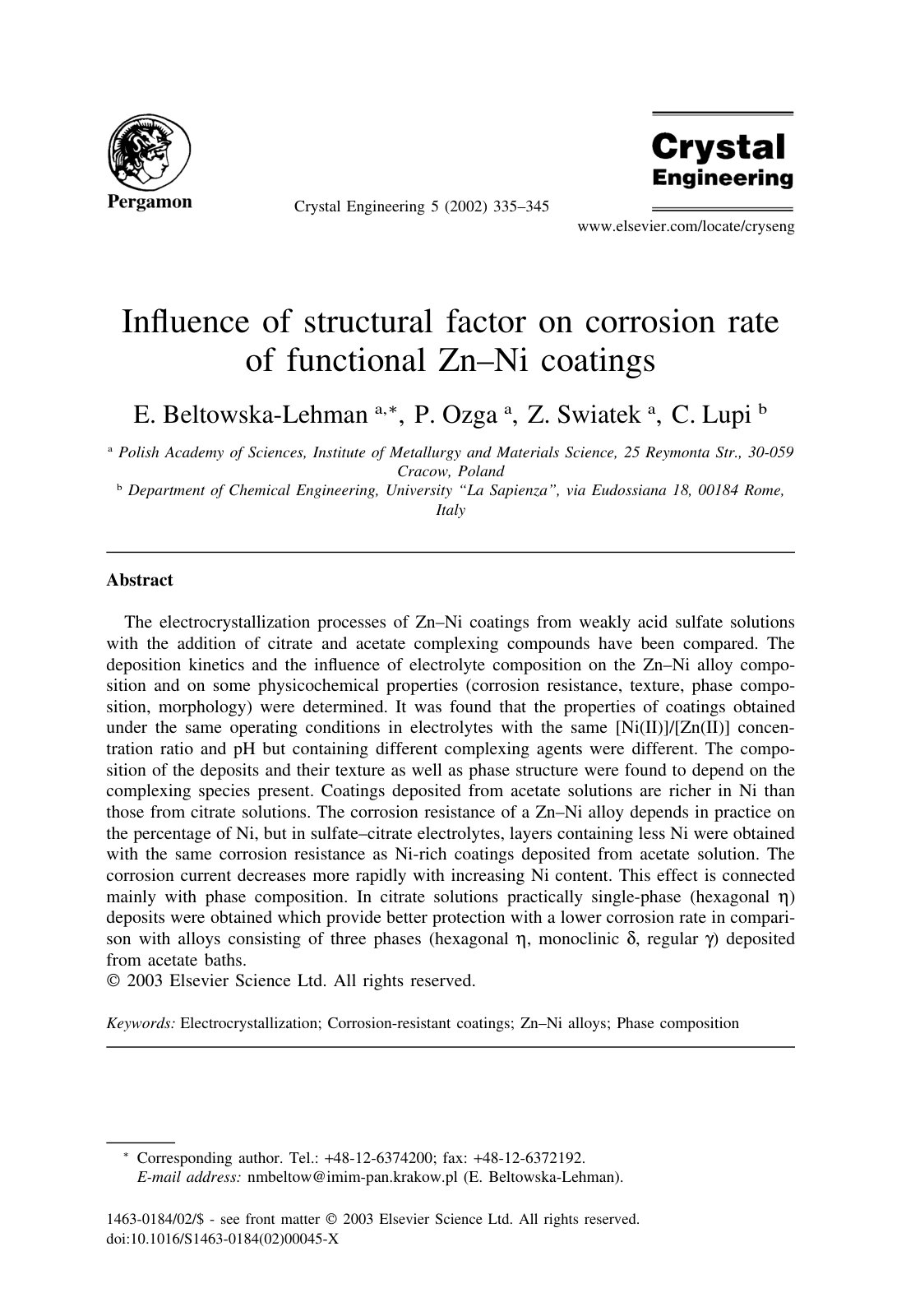 First page of Inﬂuence of structural factor on corrosion rate of functional Zn–Ni coatings