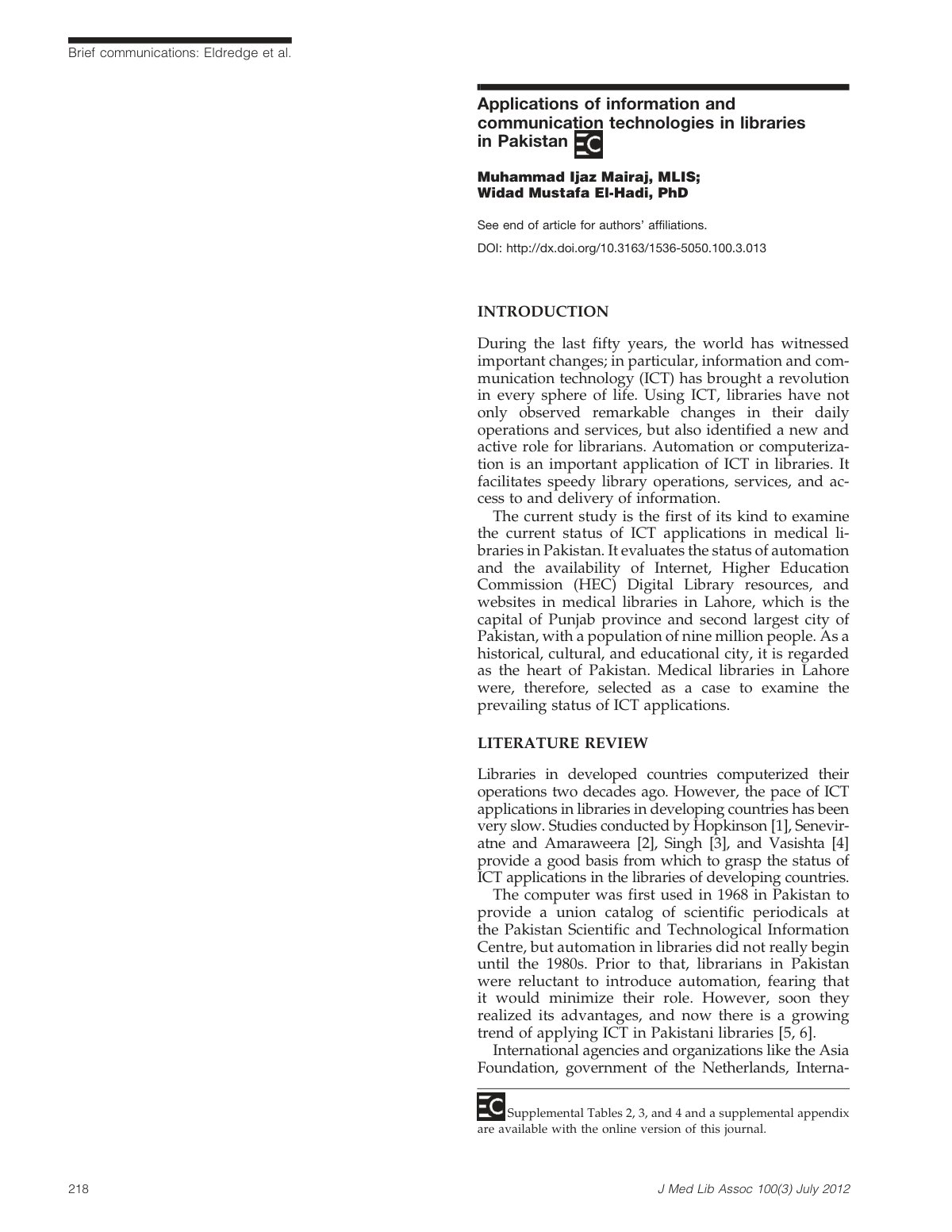 First page of Applications of information and communication technologies in libraries in Pakistan