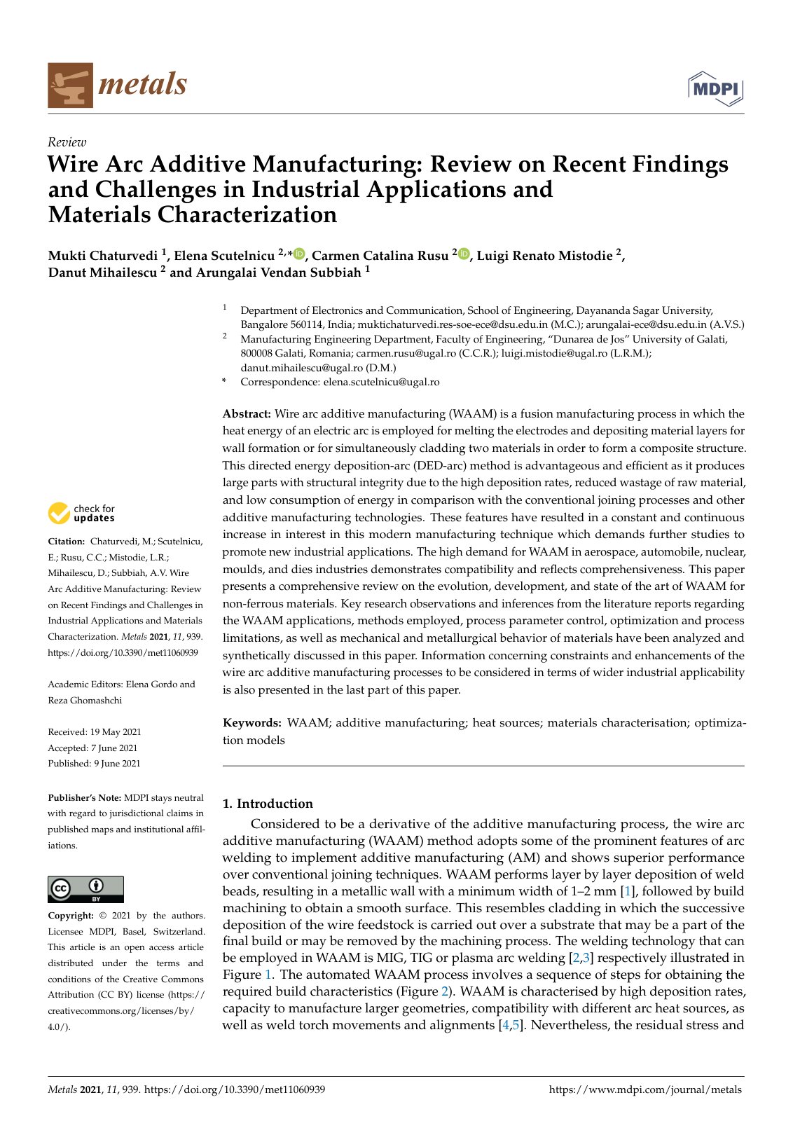 First page of Wire Arc Additive Manufacturing: Review on Recent Findings and Challenges in Industrial Applications and Materials Characterization