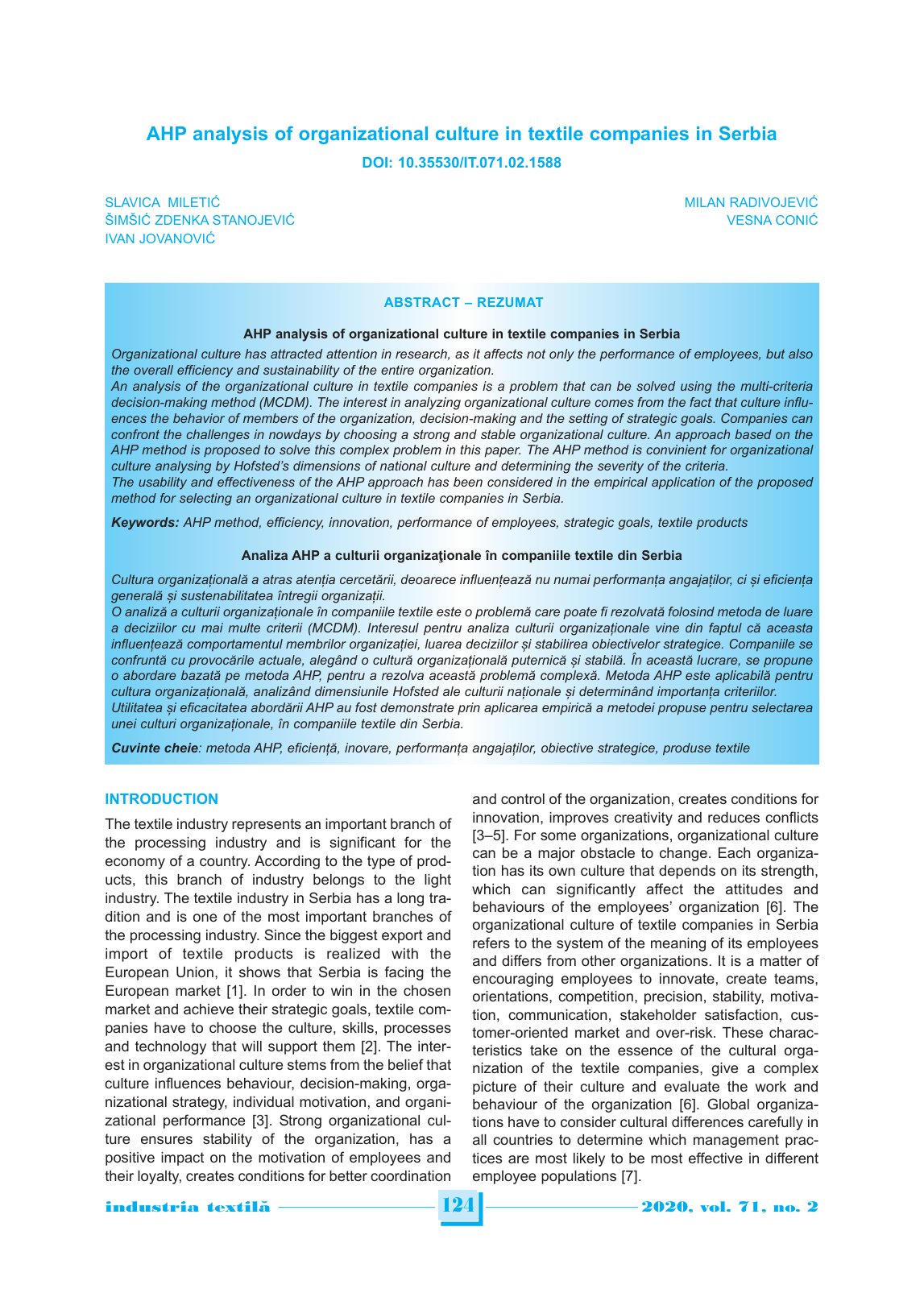 First page of AHP analysis of organizational culture i