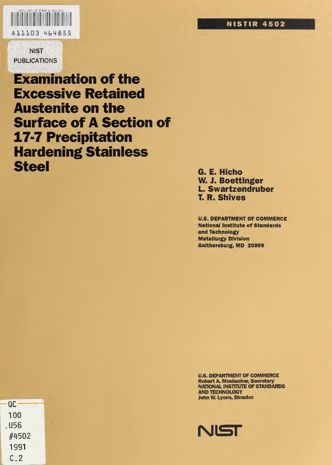 First page of Examination of the excessive retained austenite on the surface of a section of 17-7 precipitation hardening stainless steel