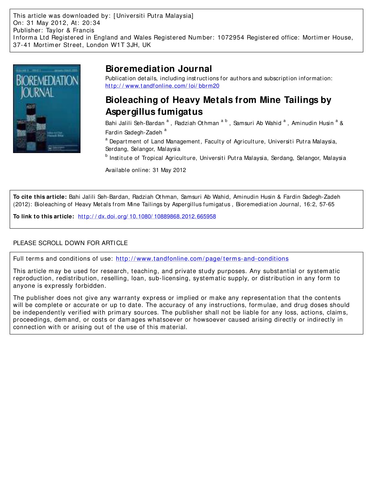 First page of Bioleaching of Heavy Metals from Mine Tailings by Aspergillus fumigatus