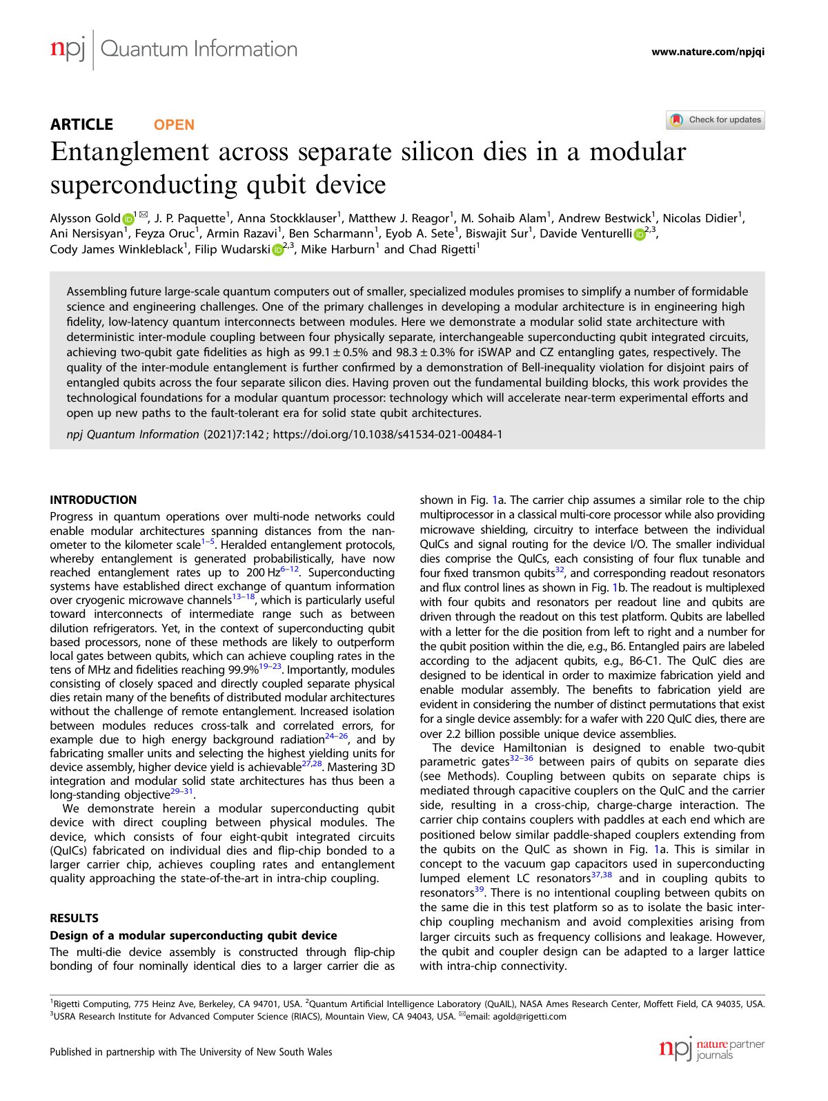 First page of Entanglement across separate silicon dies in a modular superconducting qubit device