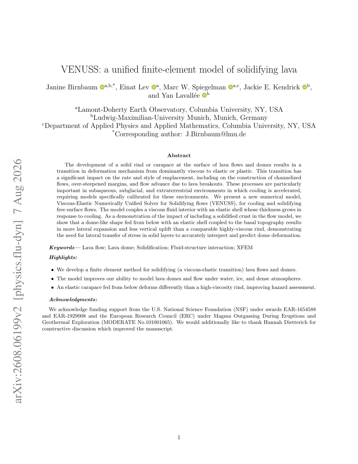 First page of 2026 Birnbaum VENUSS Solidifying Lava FEM