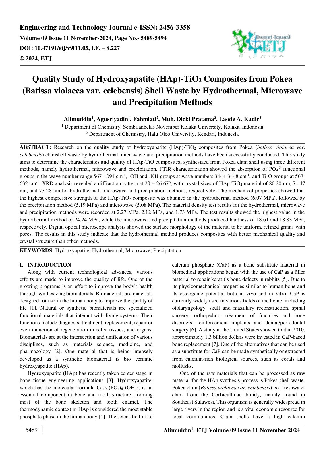 First page of Quality Study of Hydroxyapatite (HAp) TiO2 Composites from Pokea 