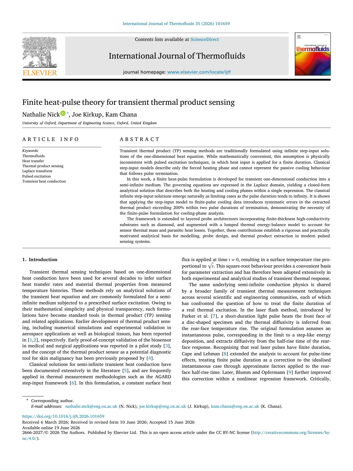 First page of Finite heat pulse theory for transient therm 2026 International Journal of T