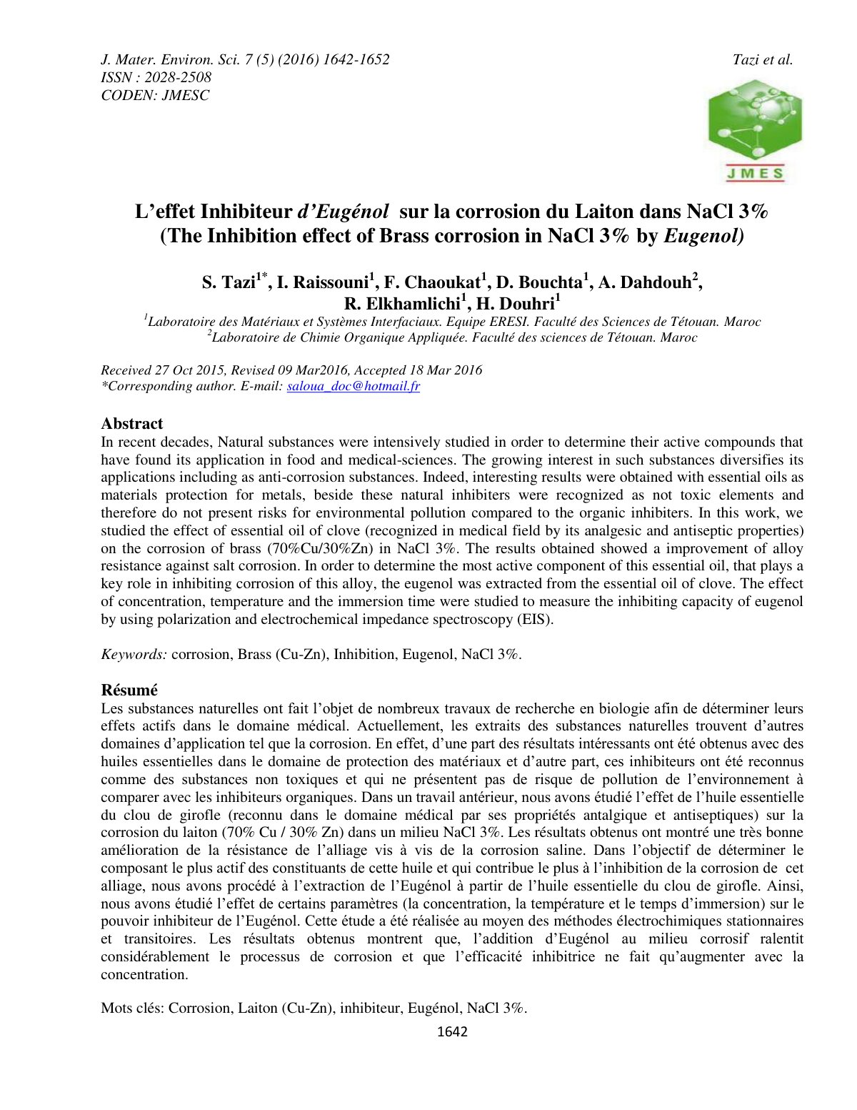 First page of Leffet Inhibiteur dEugenol sur la corros