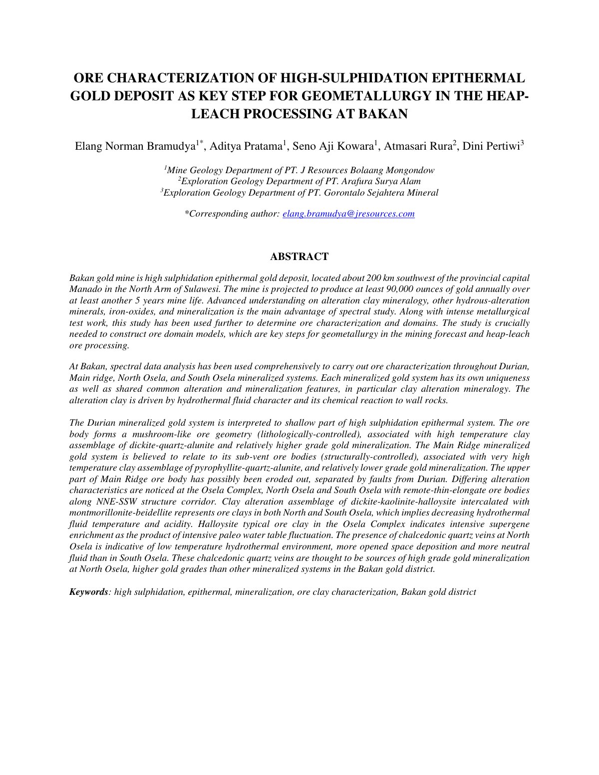 First page of ORE CHARACTERIZATION OF HIGH SULPHIDATIO