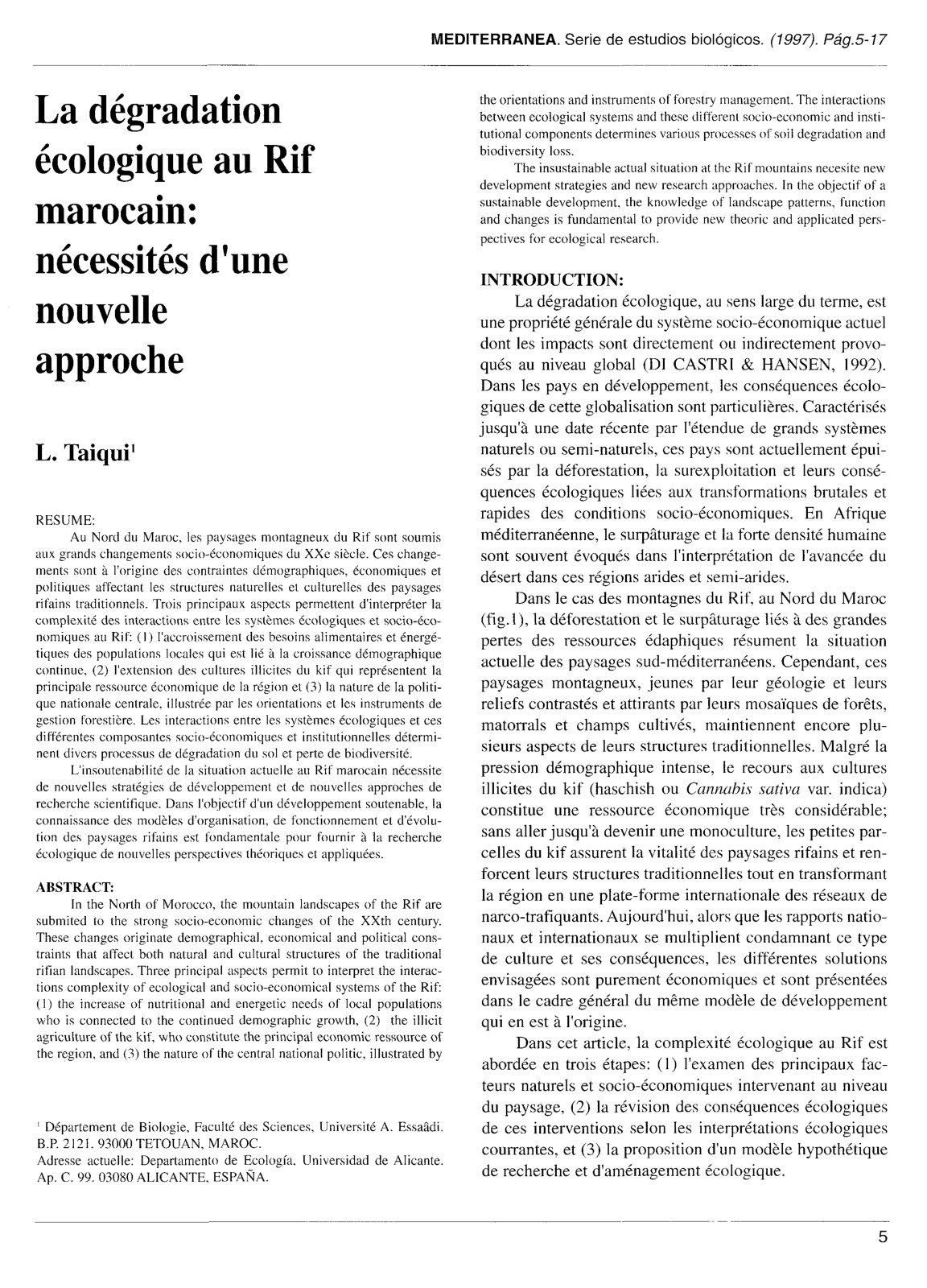 First page of La dégradation écologique au Rif marocain: nécessités d'une nouvelle approche