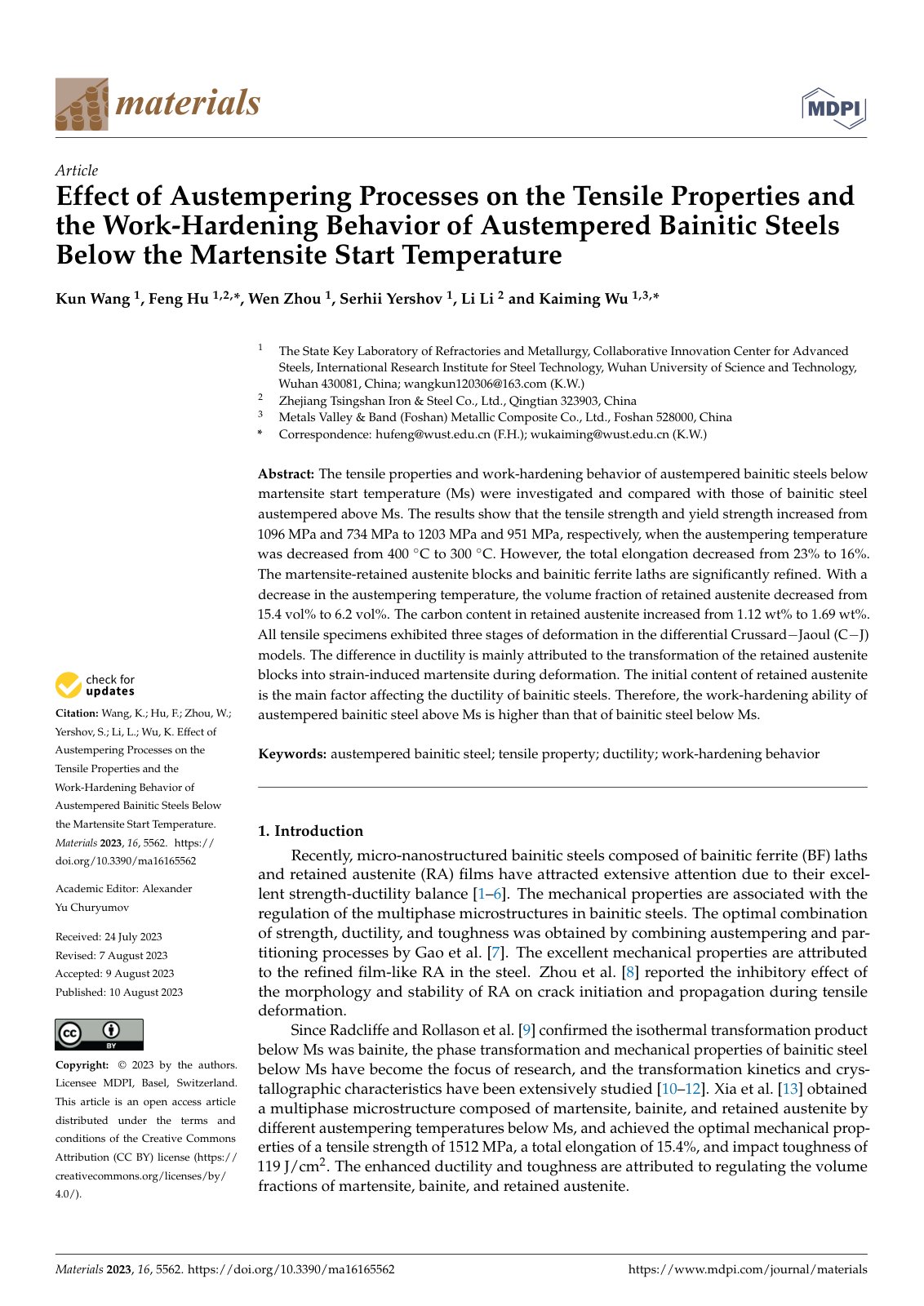 First page of Effect of Austempering Processes on the Tensile Properties and the Work-Hardening Behavior of Austempered Bainitic Steels Below the Martensite Start Temperature