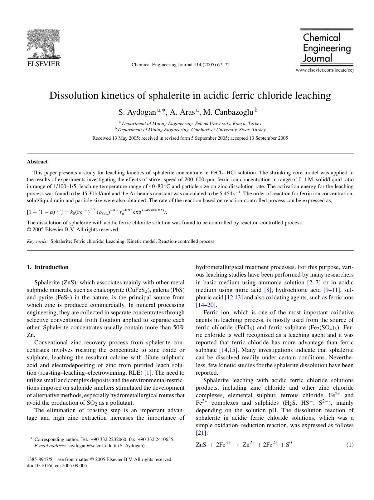 First page of Dissolution kinetics of sphalerite in ac