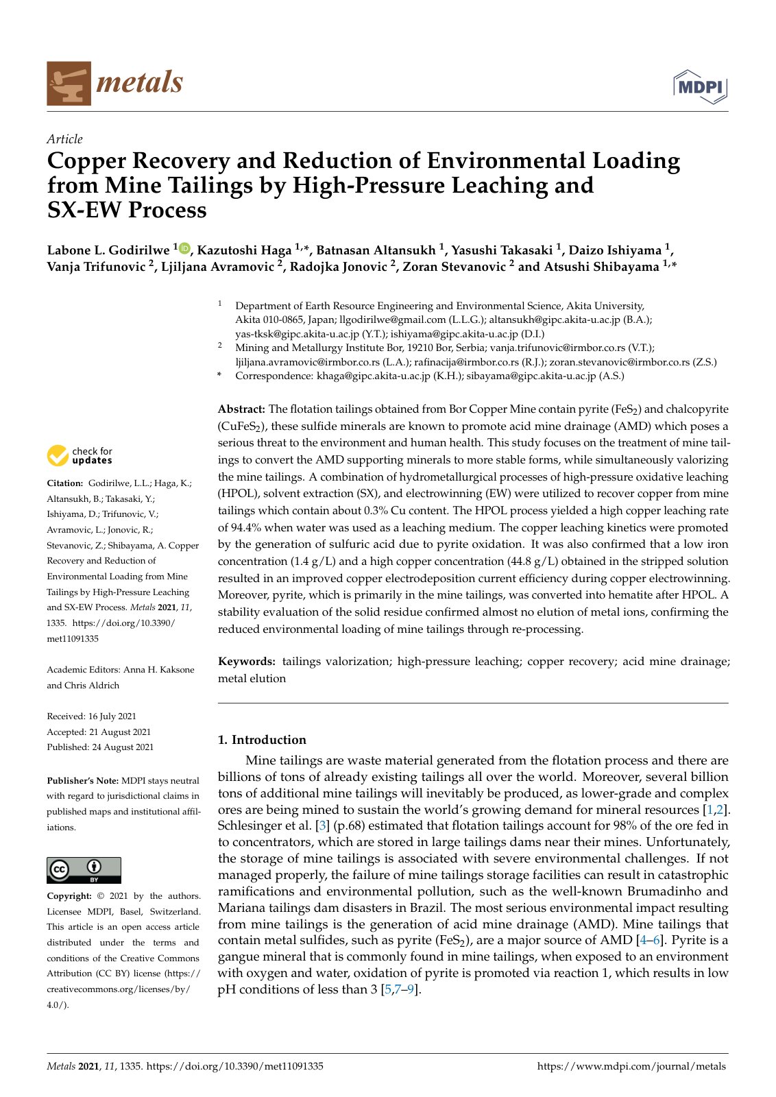 First page of Copper Recovery and Reduction of Environmental Loading from Mine Tailings by High-Pressure Leaching and SX-EW Process