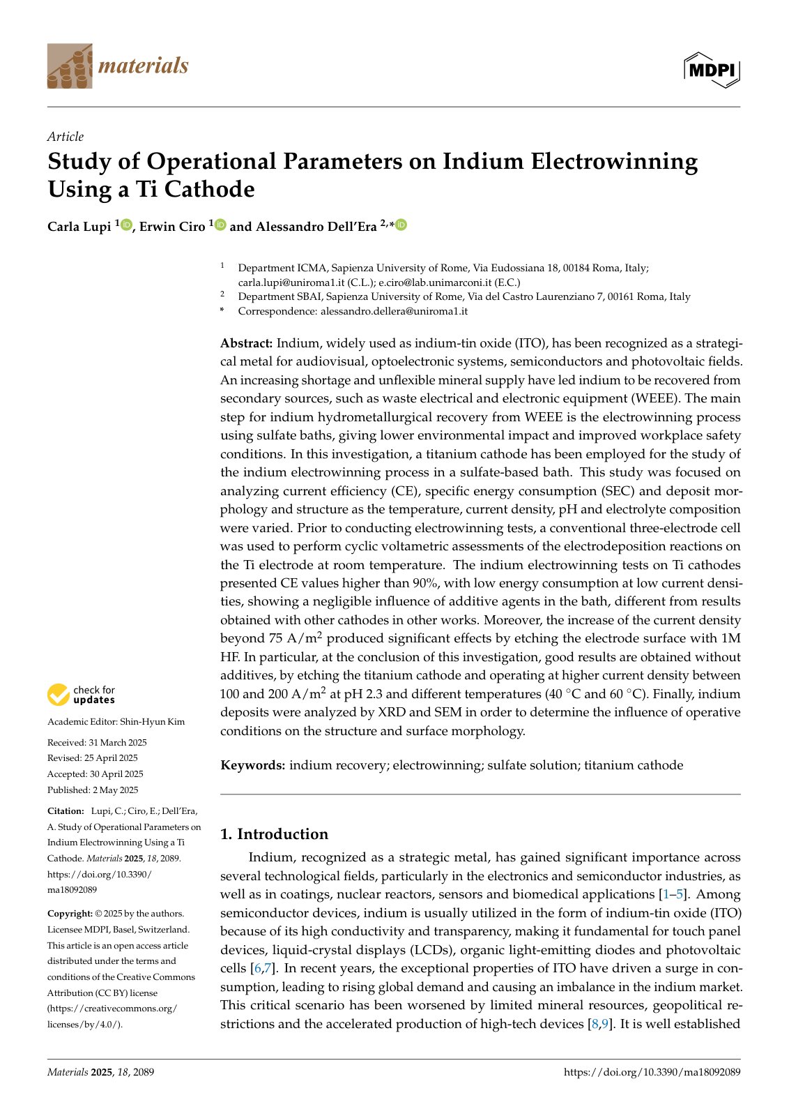 First page of Study of Operational Parameters on Indium Electrowinning Using a Ti Cathode