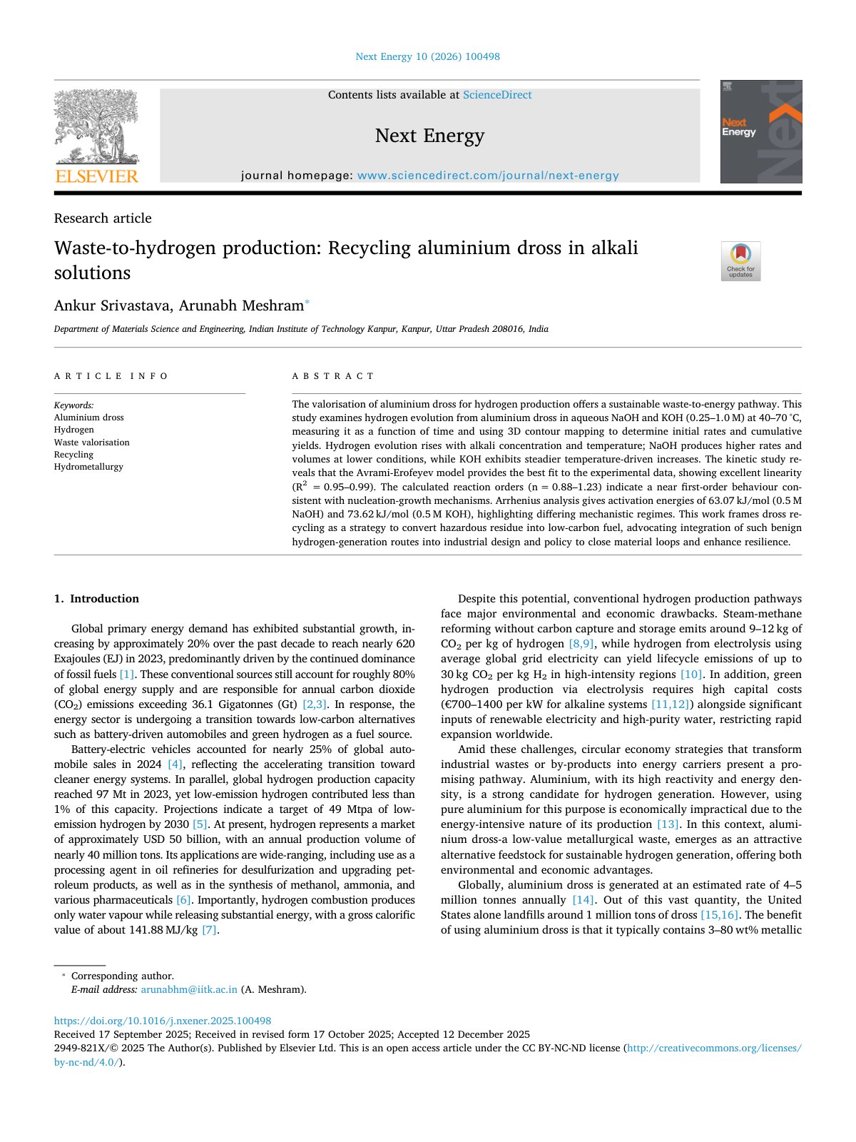 First page of Waste-to-hydrogen production: Recycling aluminium dross in alkali solutions