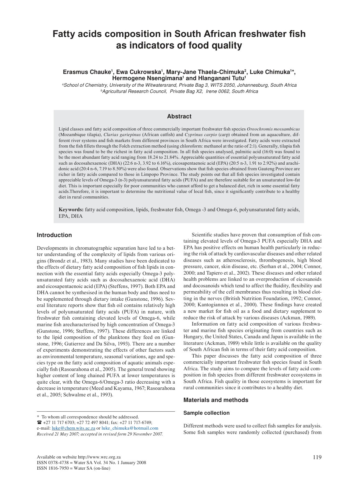 First page of Fatty acids composition in South African freshwater fish as indicators of food quality