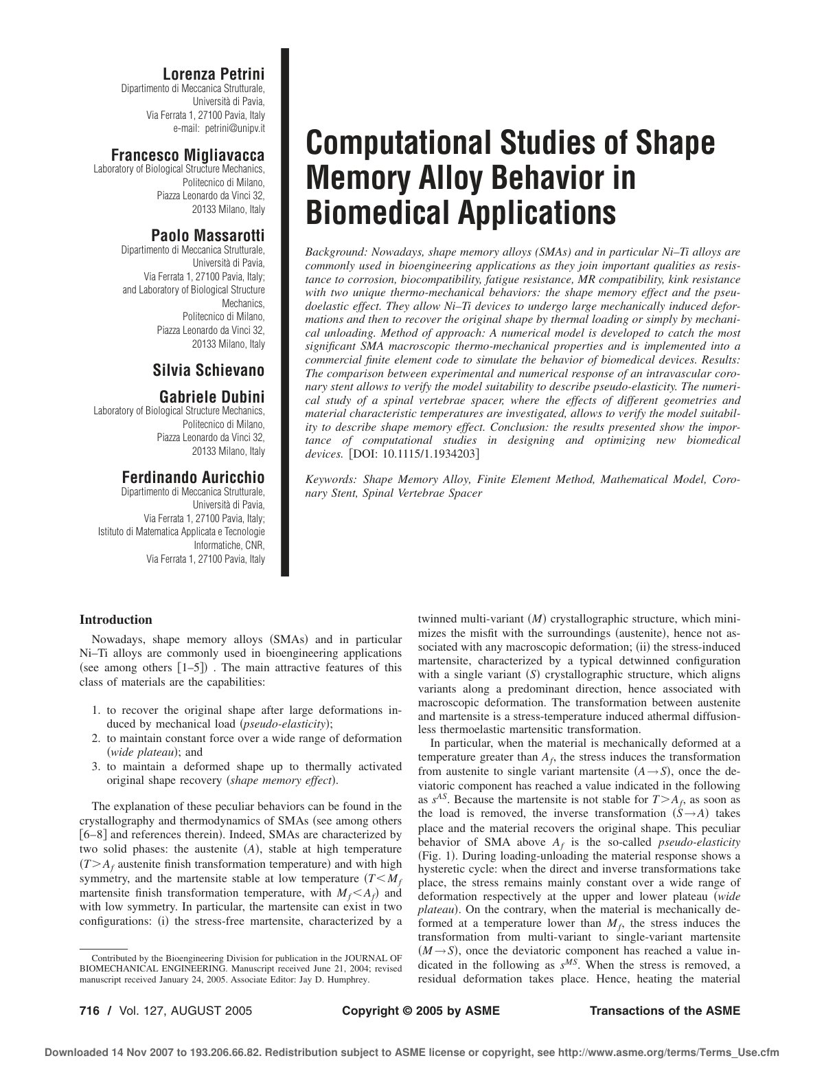 First page of Computational Studies of Shape Memory Alloy Behavior in Biomedical Applications