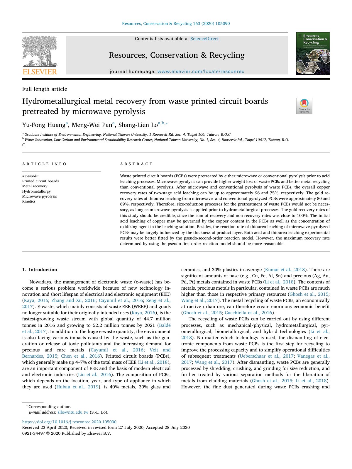 First page of Hydrometallurgical metal recovery from w