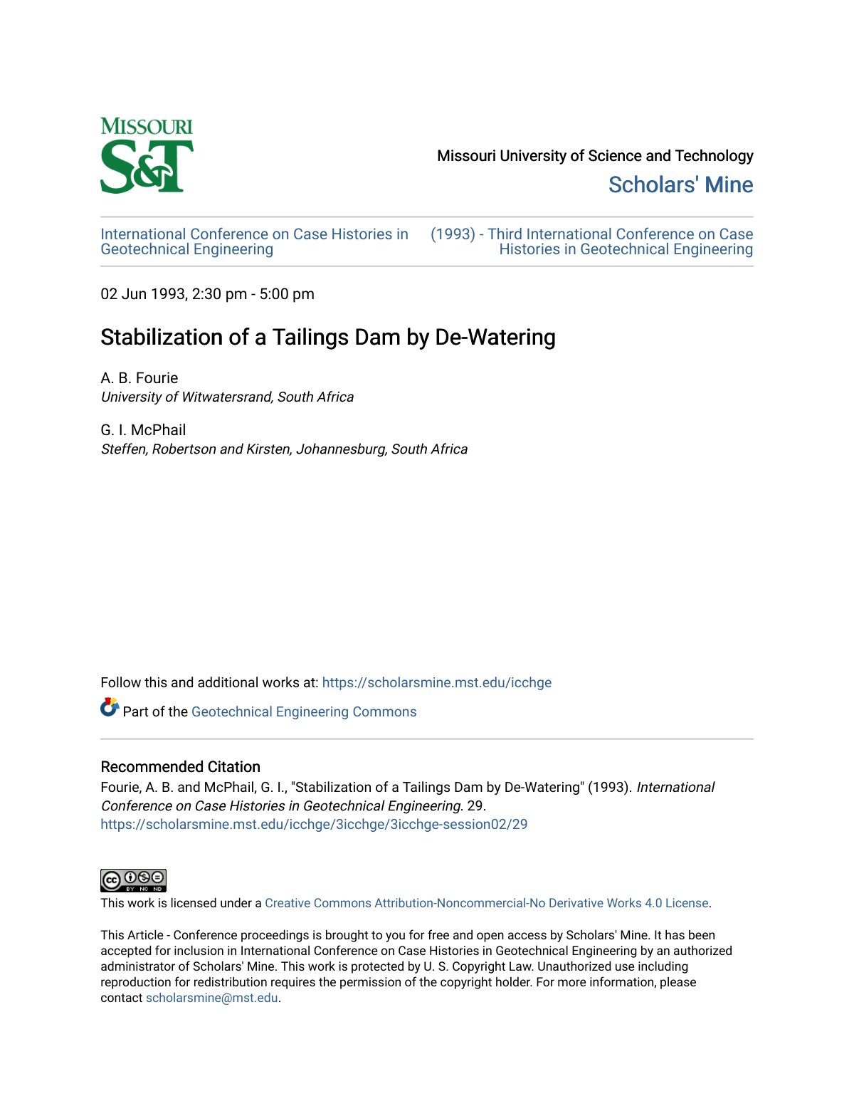 First page of Stabilization of a Tailings Dam by De Wa
